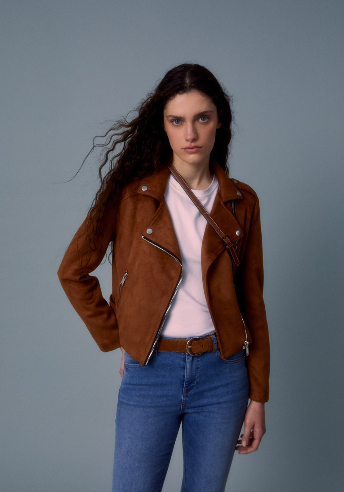 Suede Effect Biker Jacket - Orange