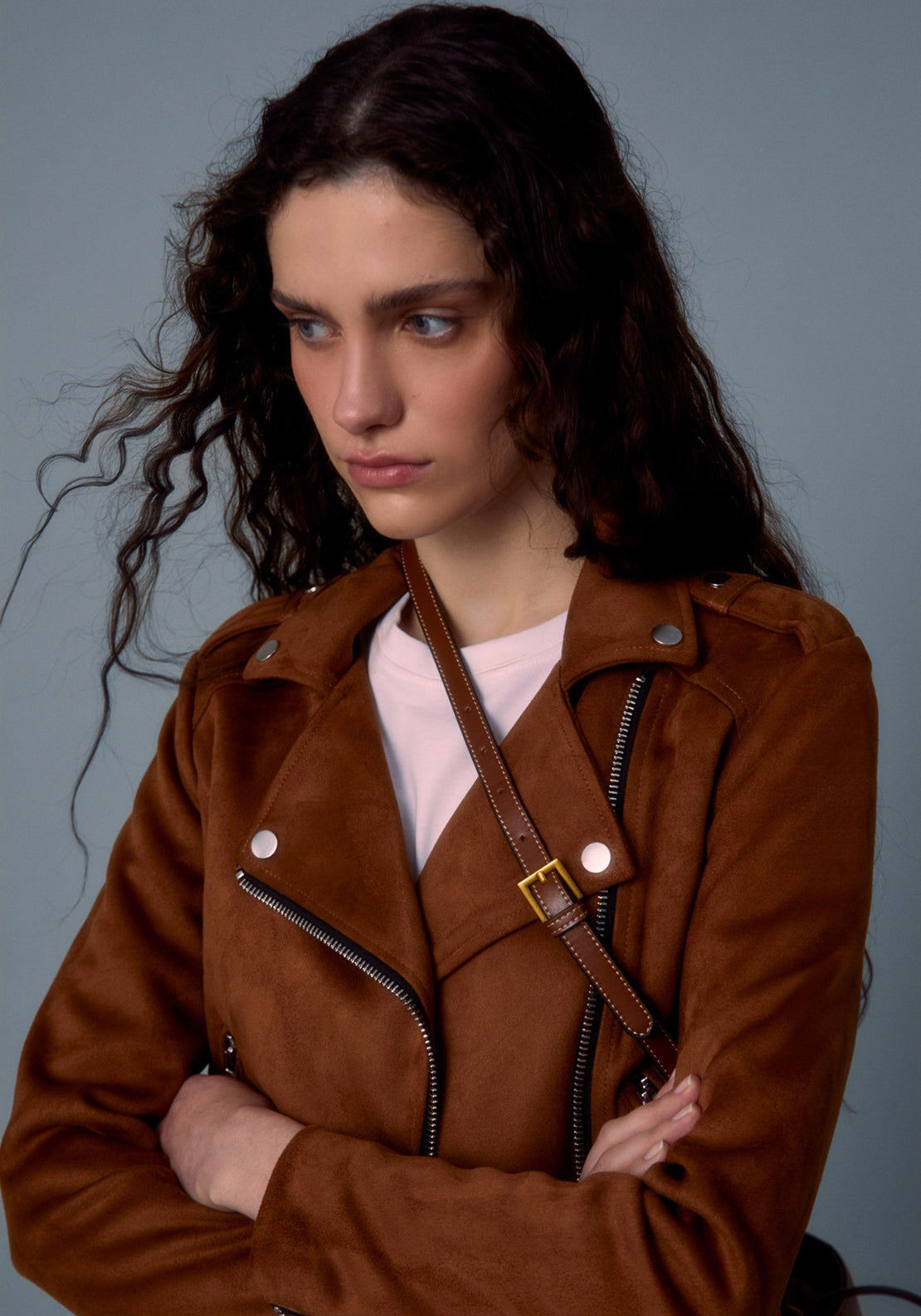 Suede Effect Biker Jacket - Orange