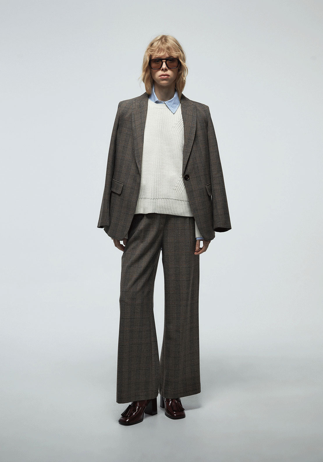 Wide Leg Pleated Trousers - Brown Print