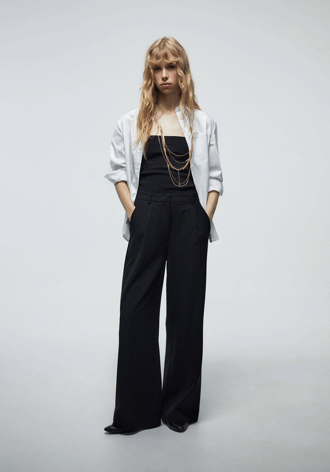 Wide Leg Pleated Trousers - Black