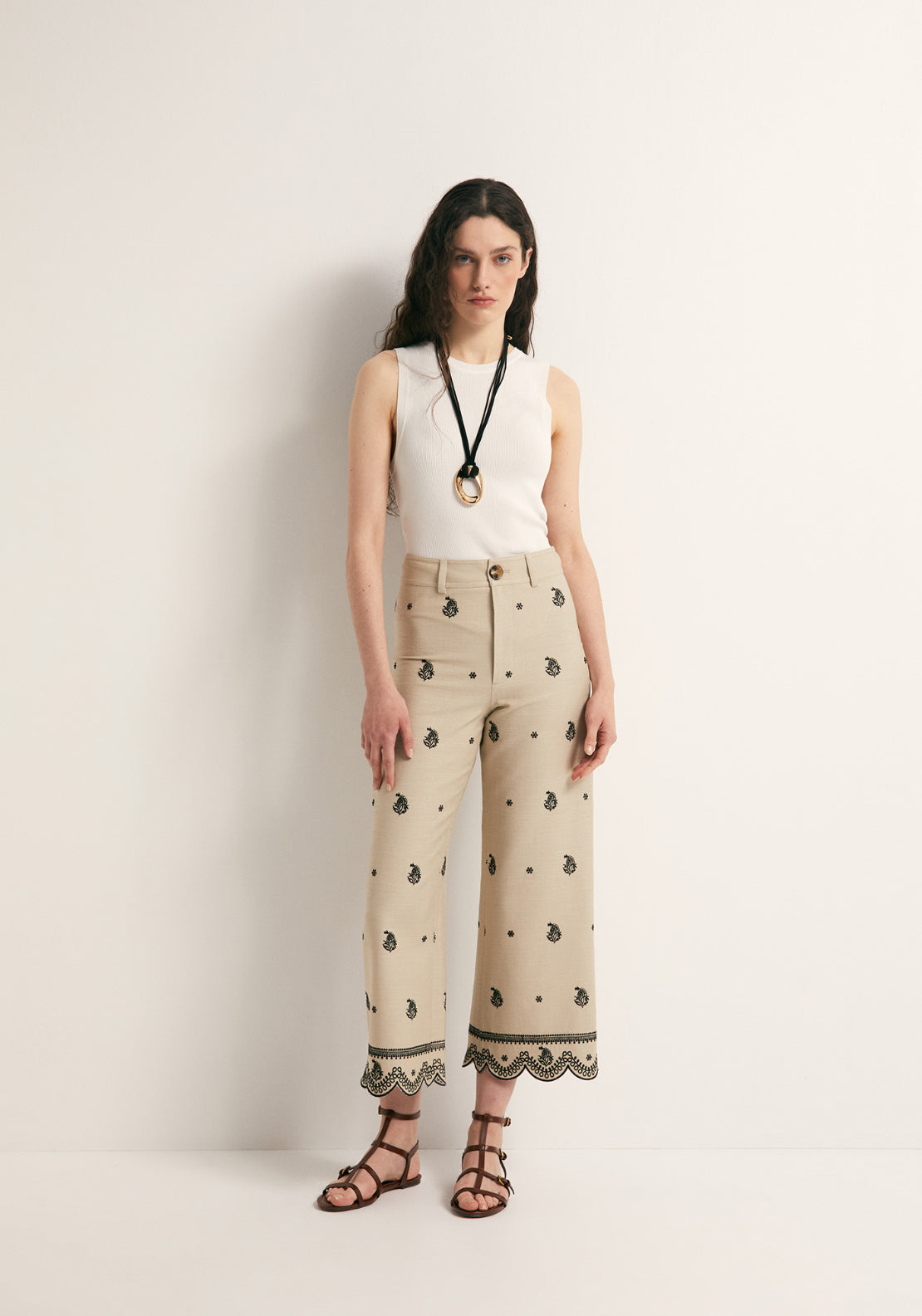 Embroidered Loose Trousers - Beige