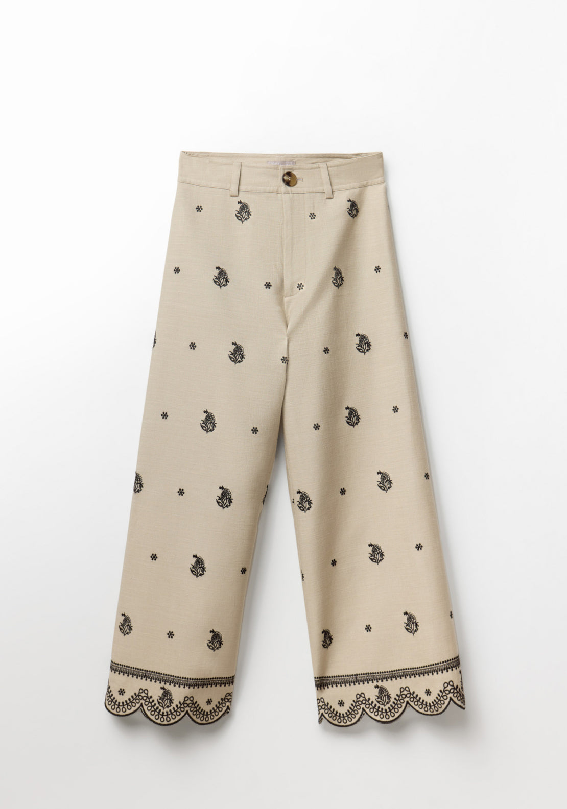 Embroidered Loose Trousers - Beige