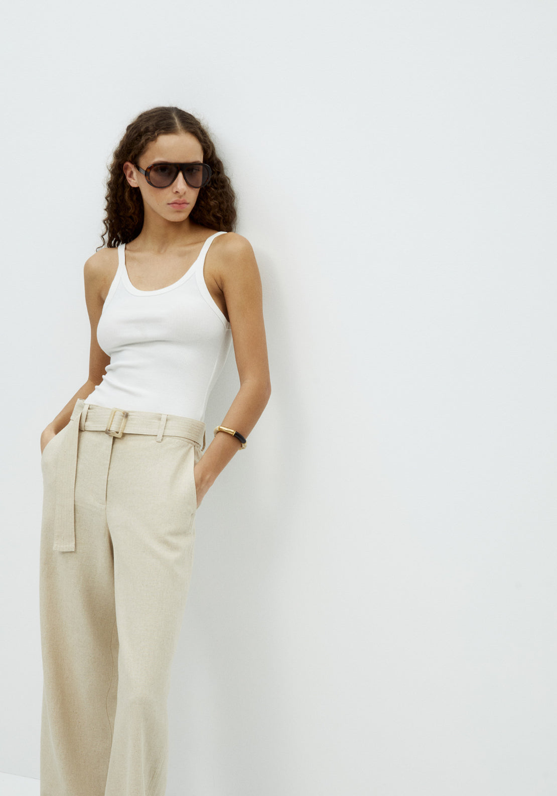 Belted Linen Blend Trousers - Beige