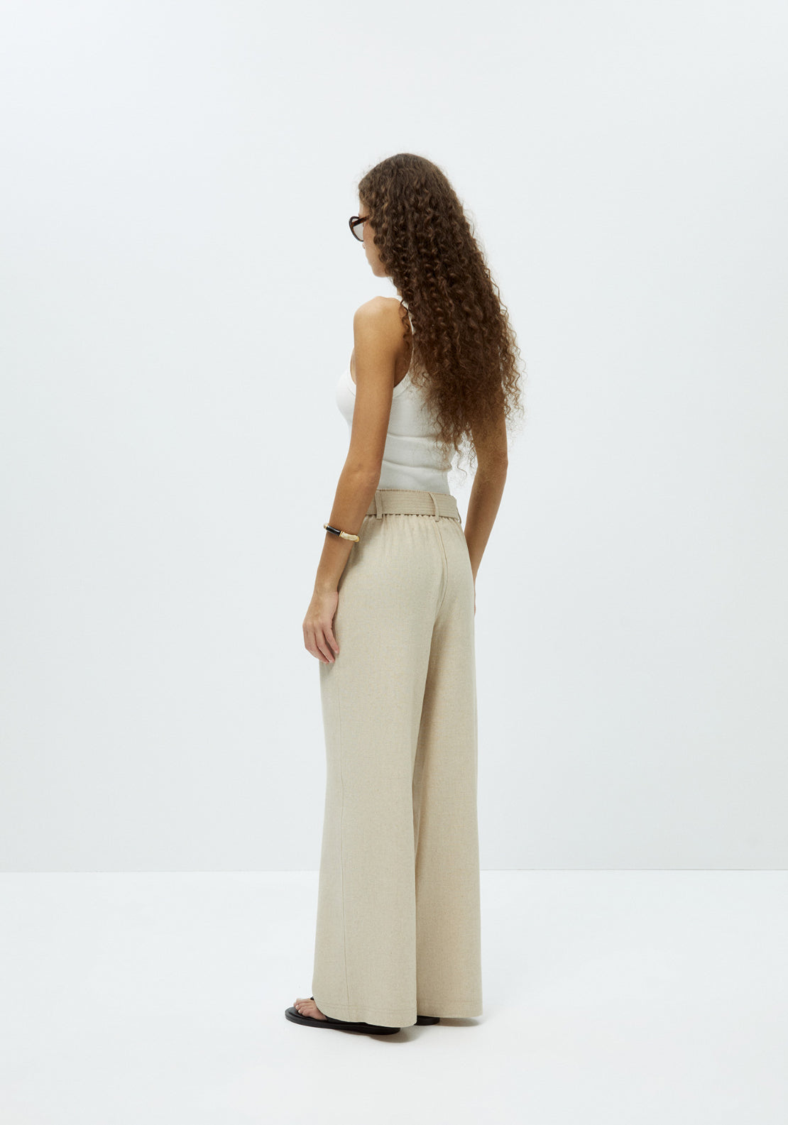 Belted Linen Blend Trousers - Beige