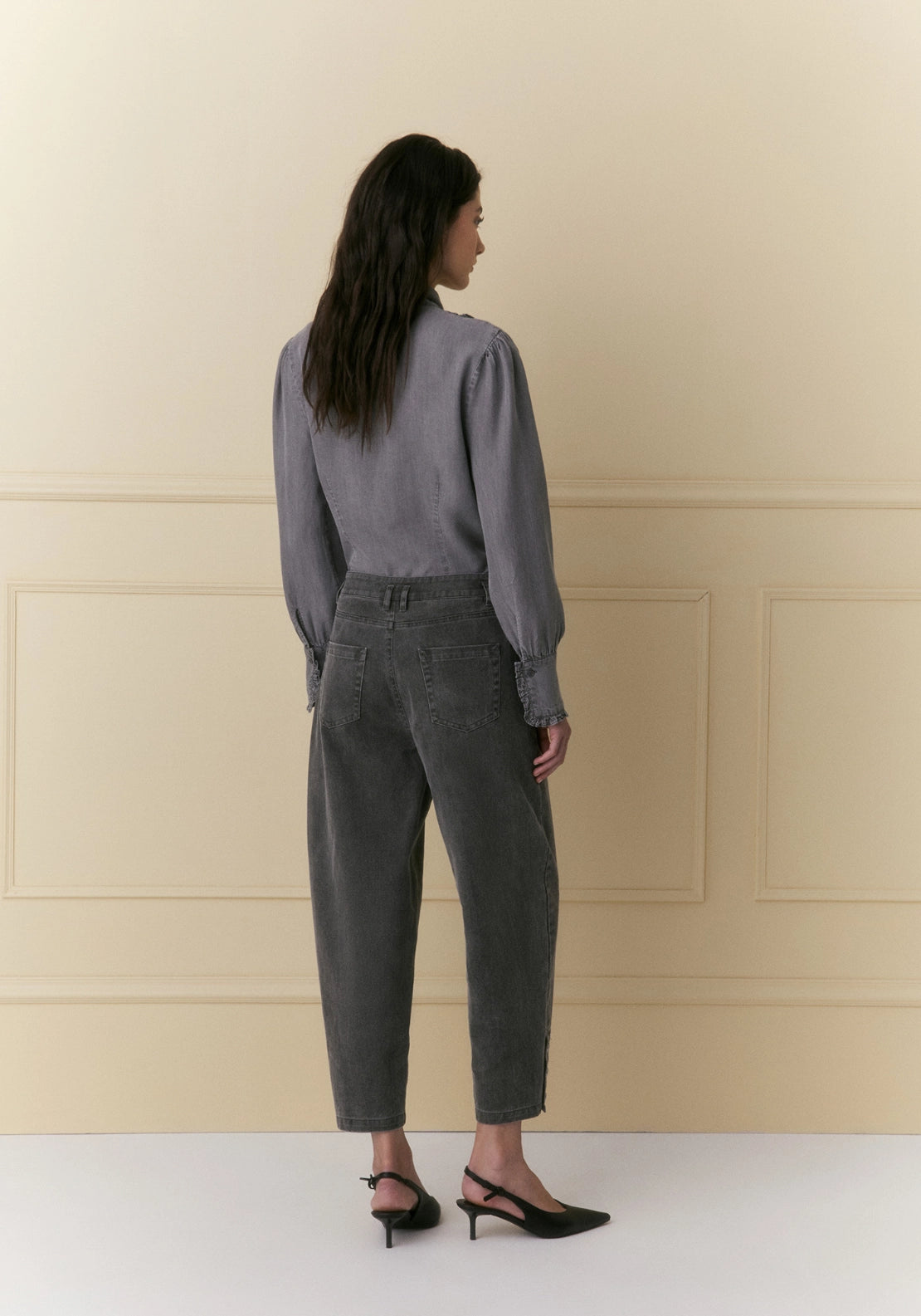 Washed Cotton Barrel Trousers - Grey