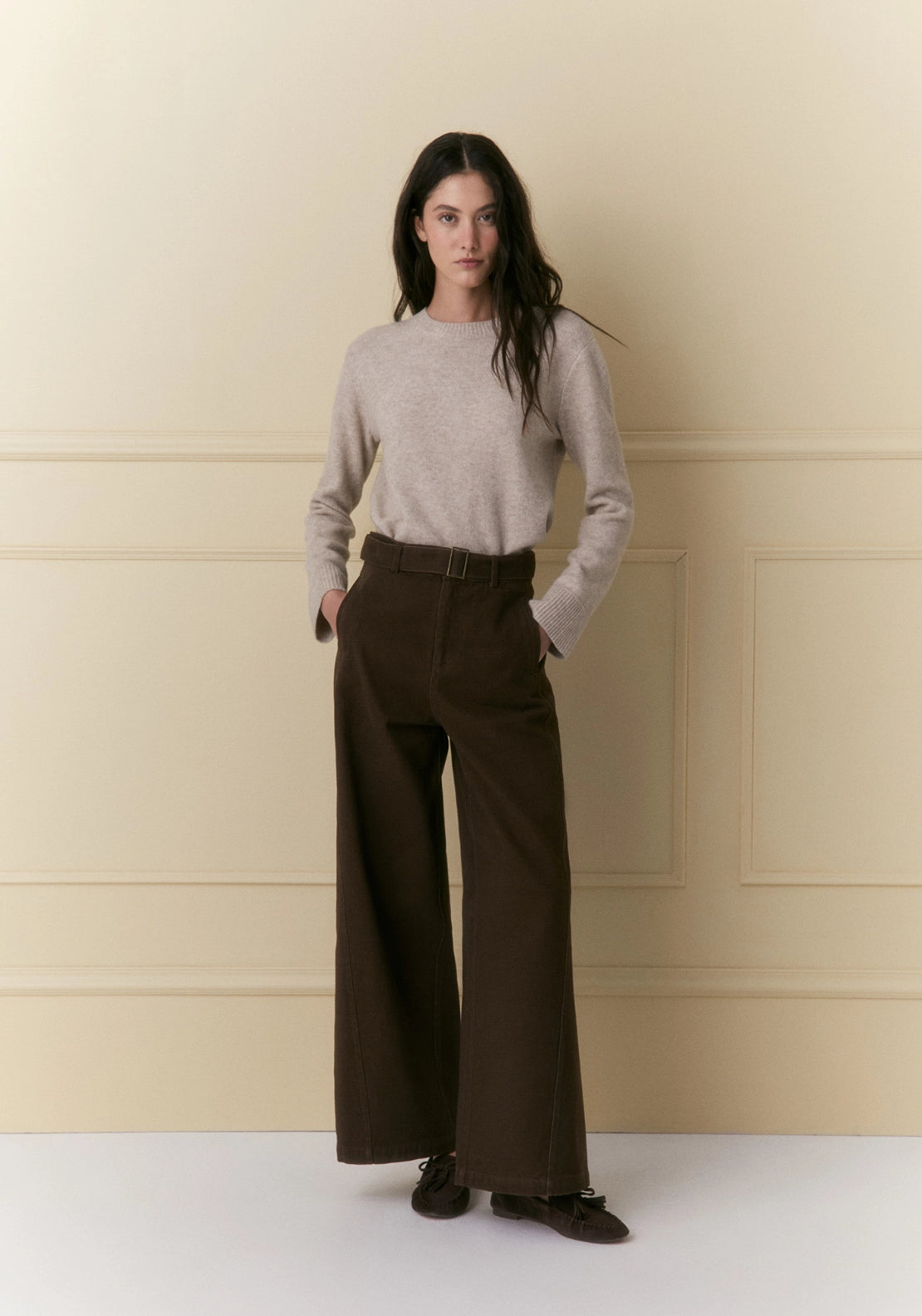 Cotton Belted Trousers - Brown
