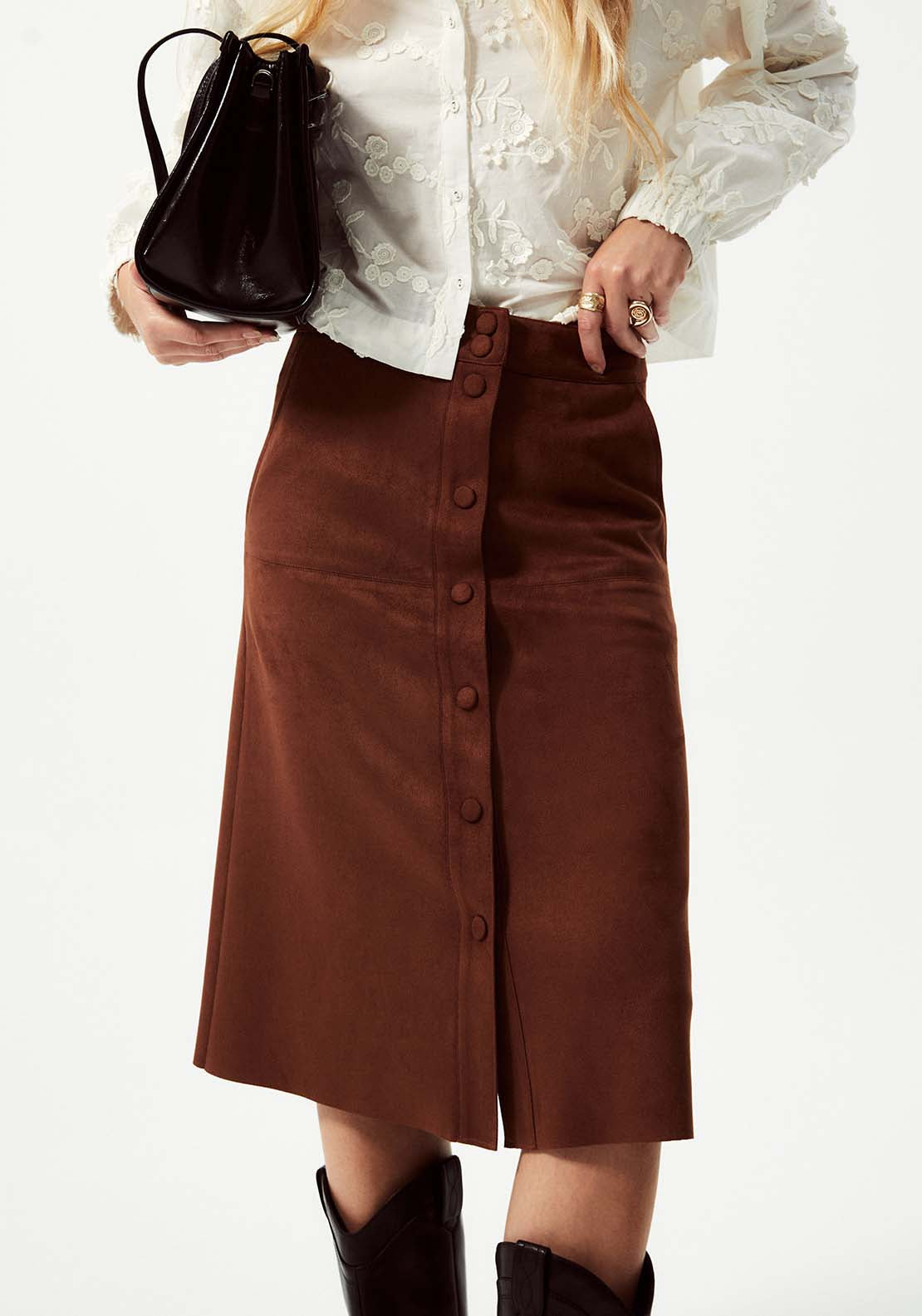 Knee Length Faux Suede Skirt - Brown