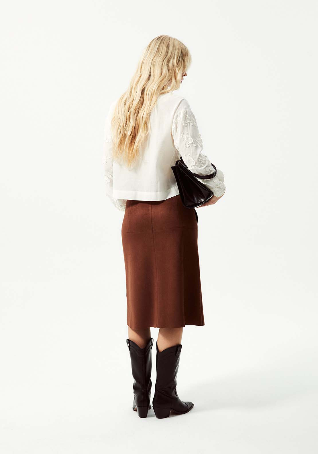 Knee Length Faux Suede Skirt - Brown