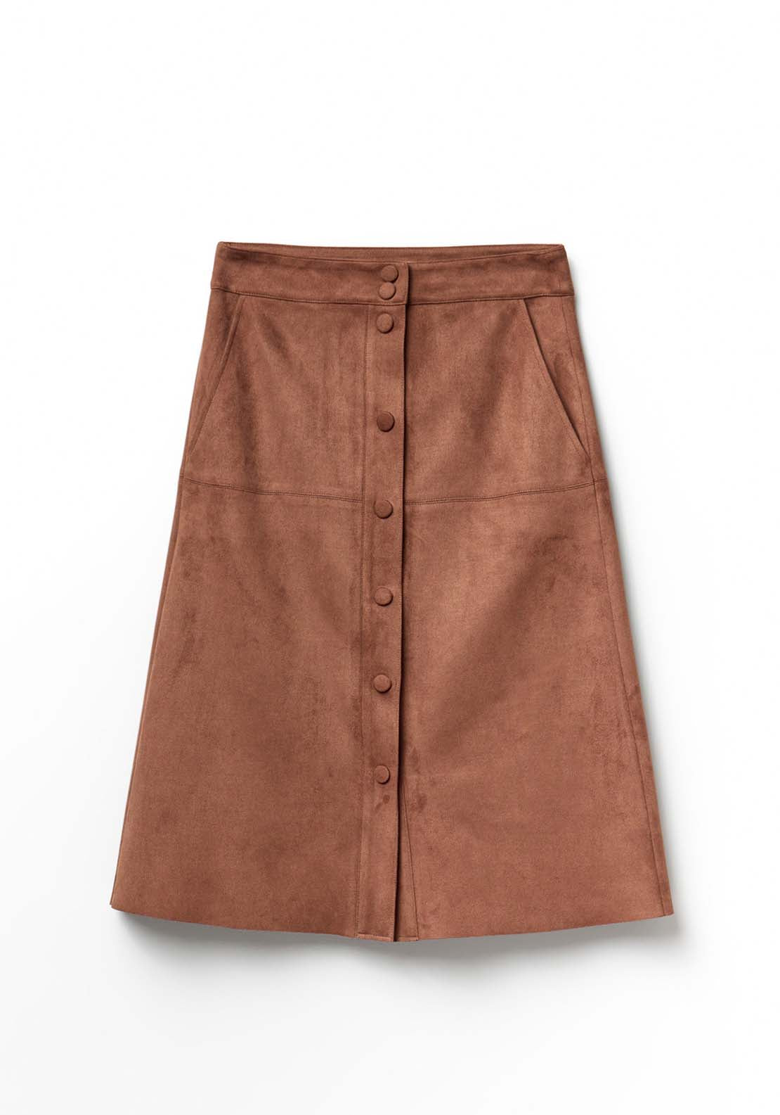 Knee Length Faux Suede Skirt - Brown