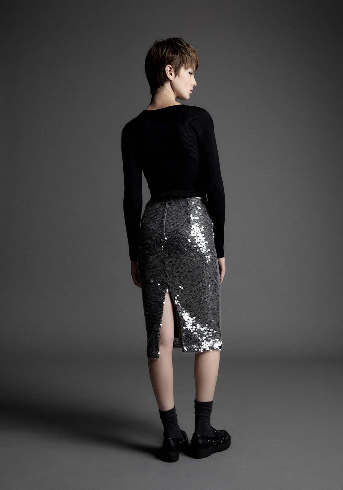 Sequined Midi Skirt - Grey