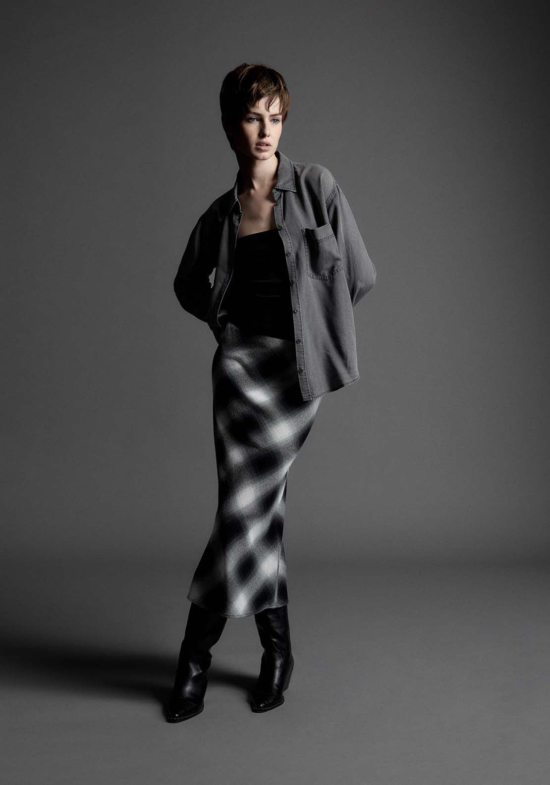 Long Check Skirt - Grey