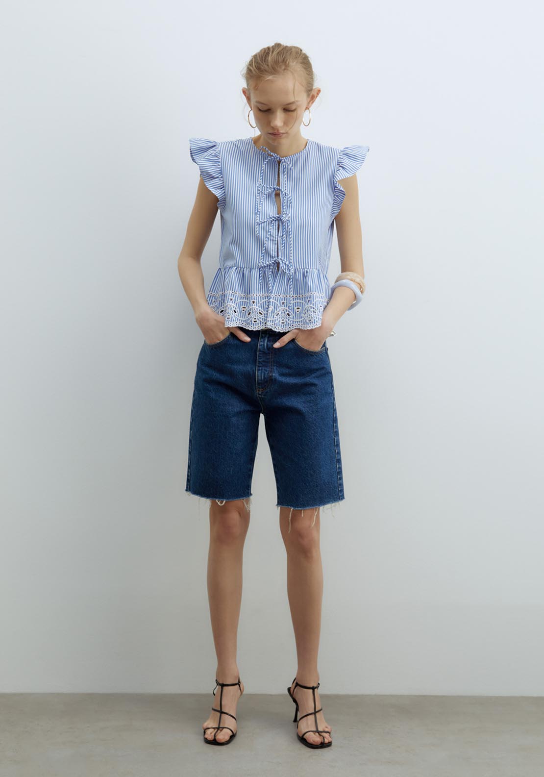 Sfera Ties Embroidered Top - Print Blue 5 Shaws Department Stores