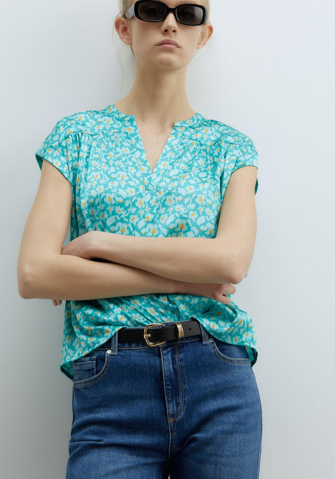 Sfera Printed Shiny Top - Green 4 Shaws Department Stores