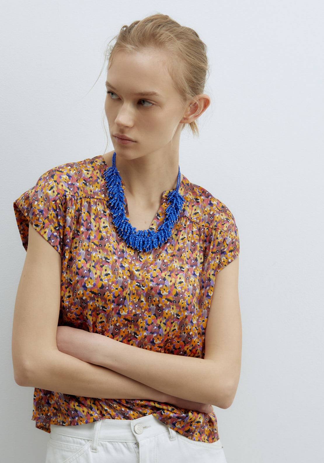 Sfera Printed Shiny Top - Mustard 4 Shaws Department Stores
