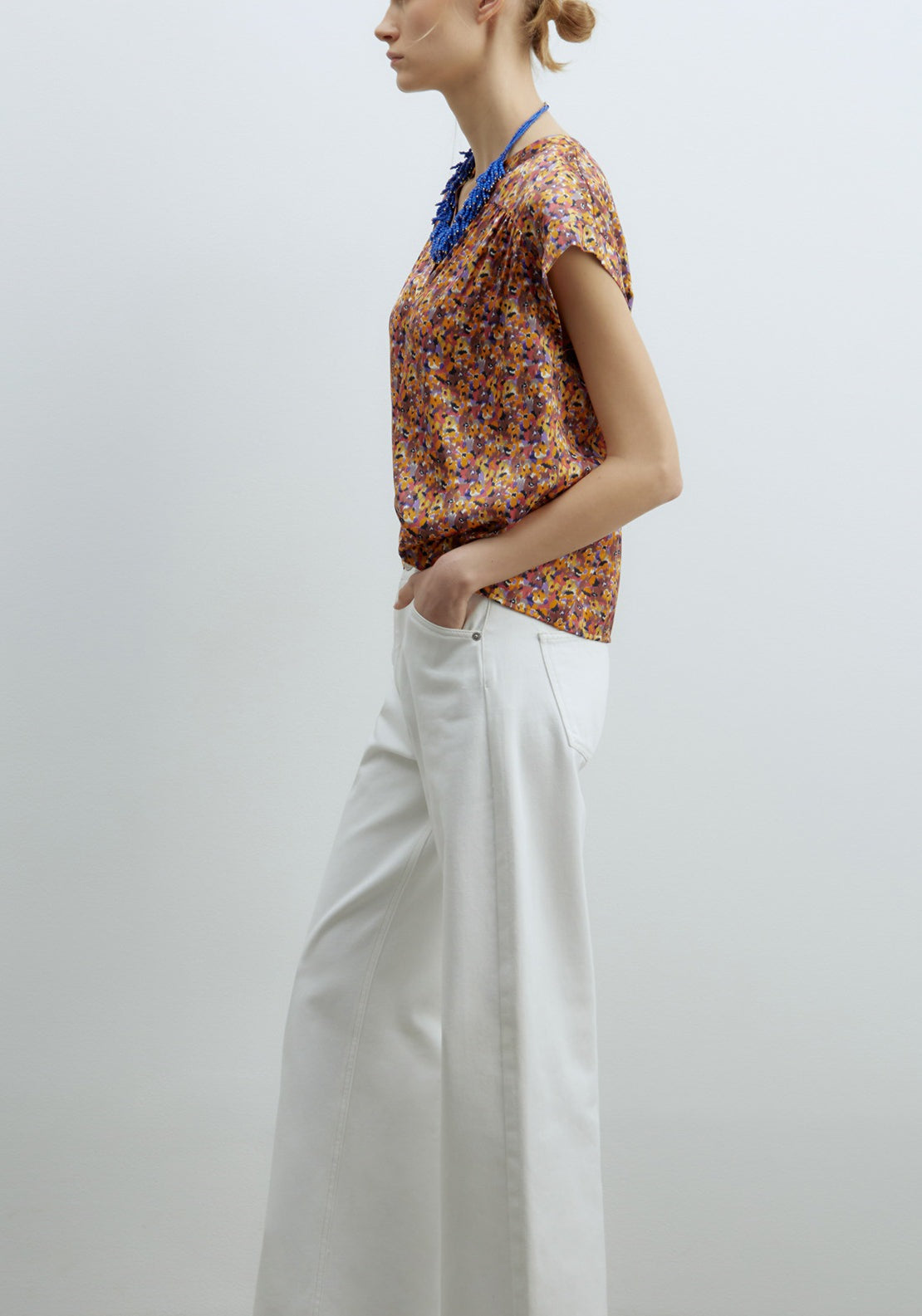 Sfera Printed Shiny Top - Mustard 3 Shaws Department Stores