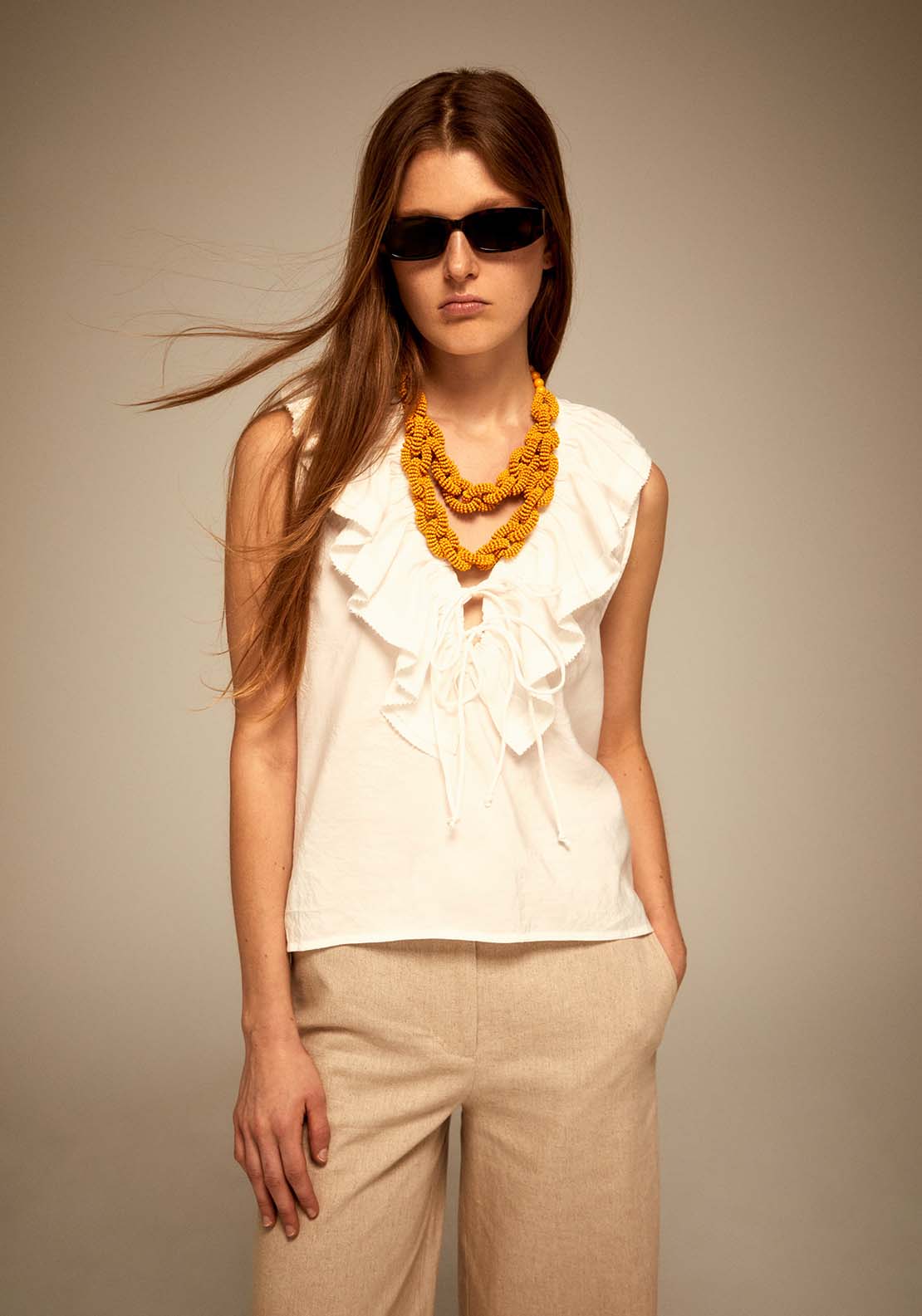 Sfera V-Neck Ruffled Blouse - Off White 1 Shaws Department Stores