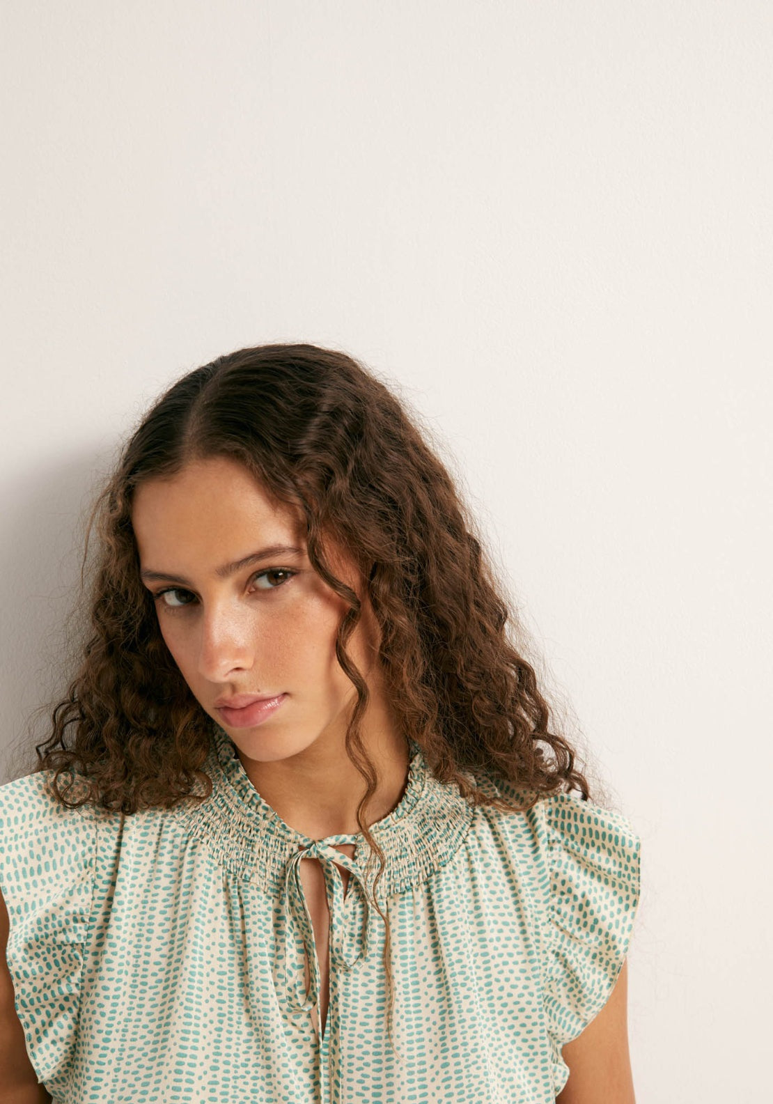 Printed Flowy Top With Tie Neck - Green