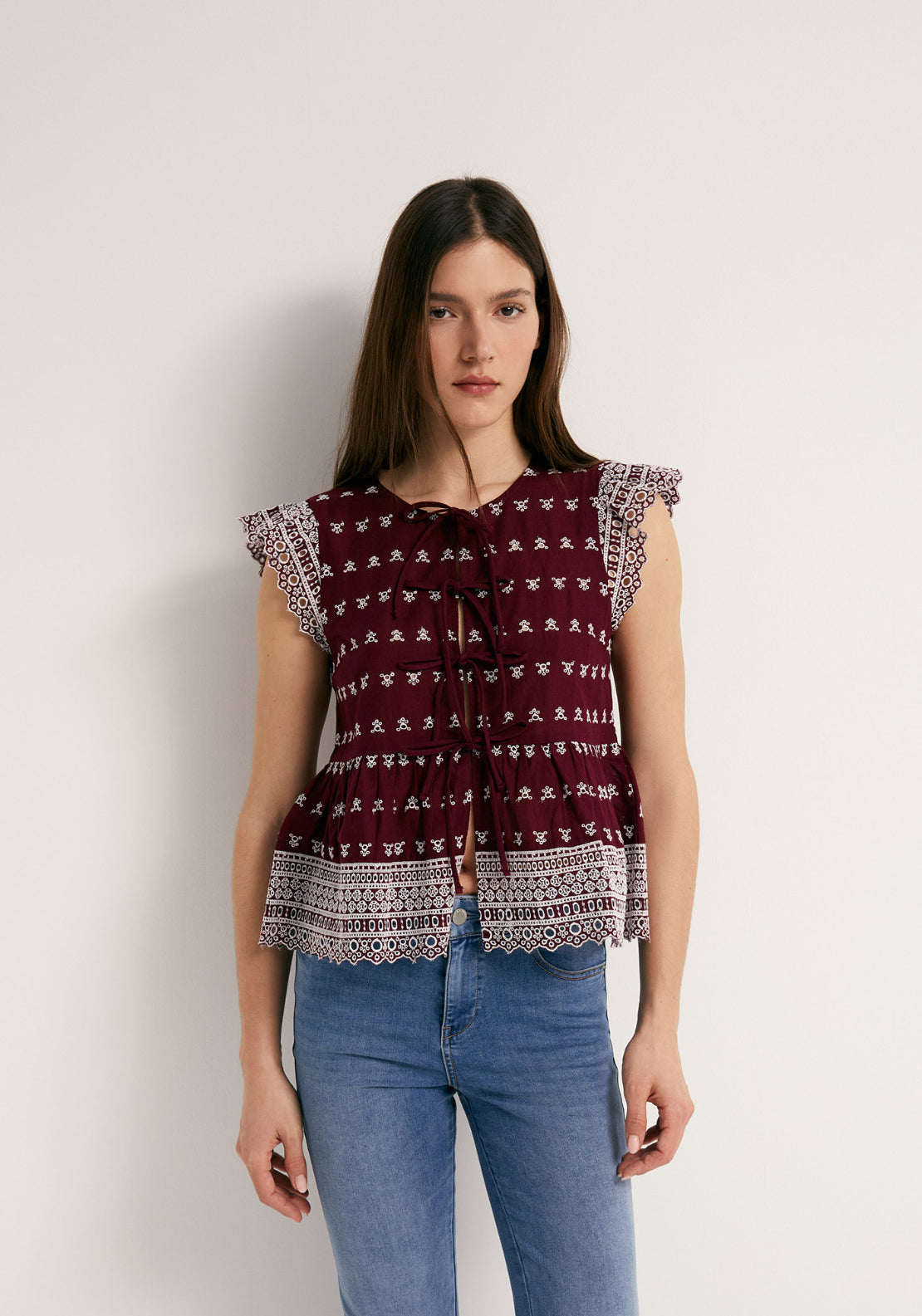 Tie Front Flutter Cotton Sleeve Top - Red