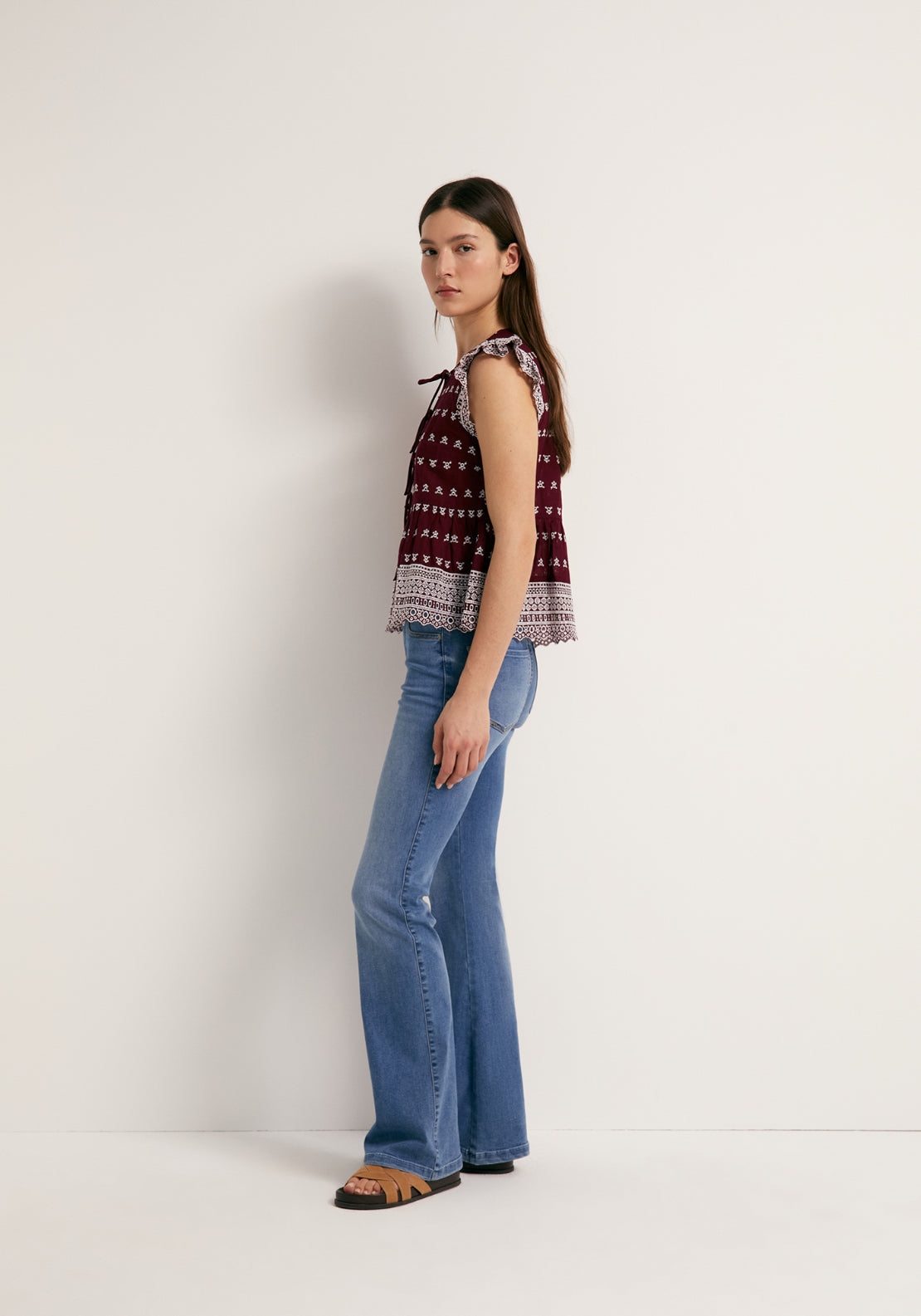Tie Front Flutter Cotton Sleeve Top - Red