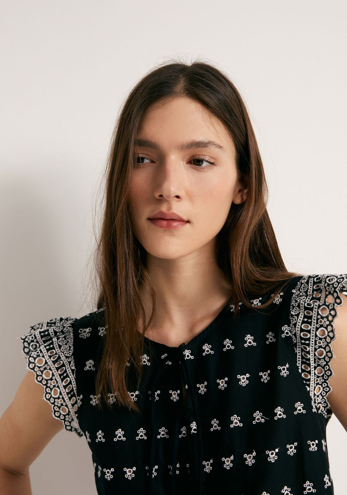 Tie Front Flutter Cotton Sleeve Top - Black