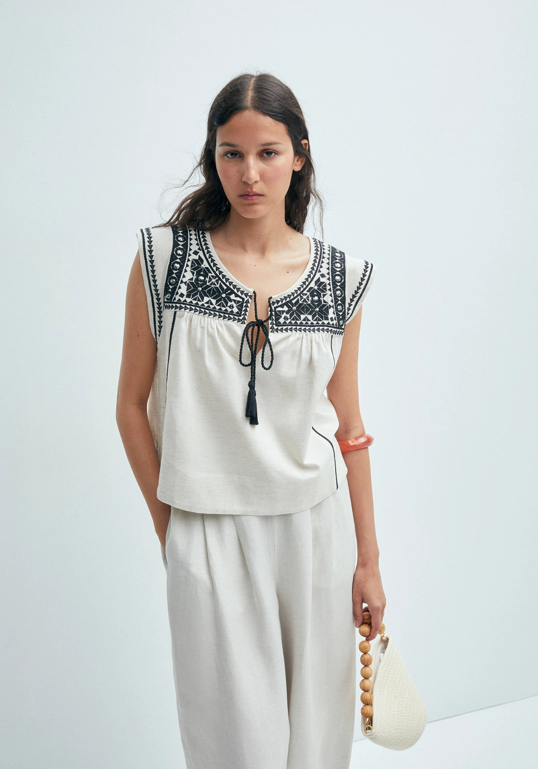 Mirror-Embroidered Blouse - Beige