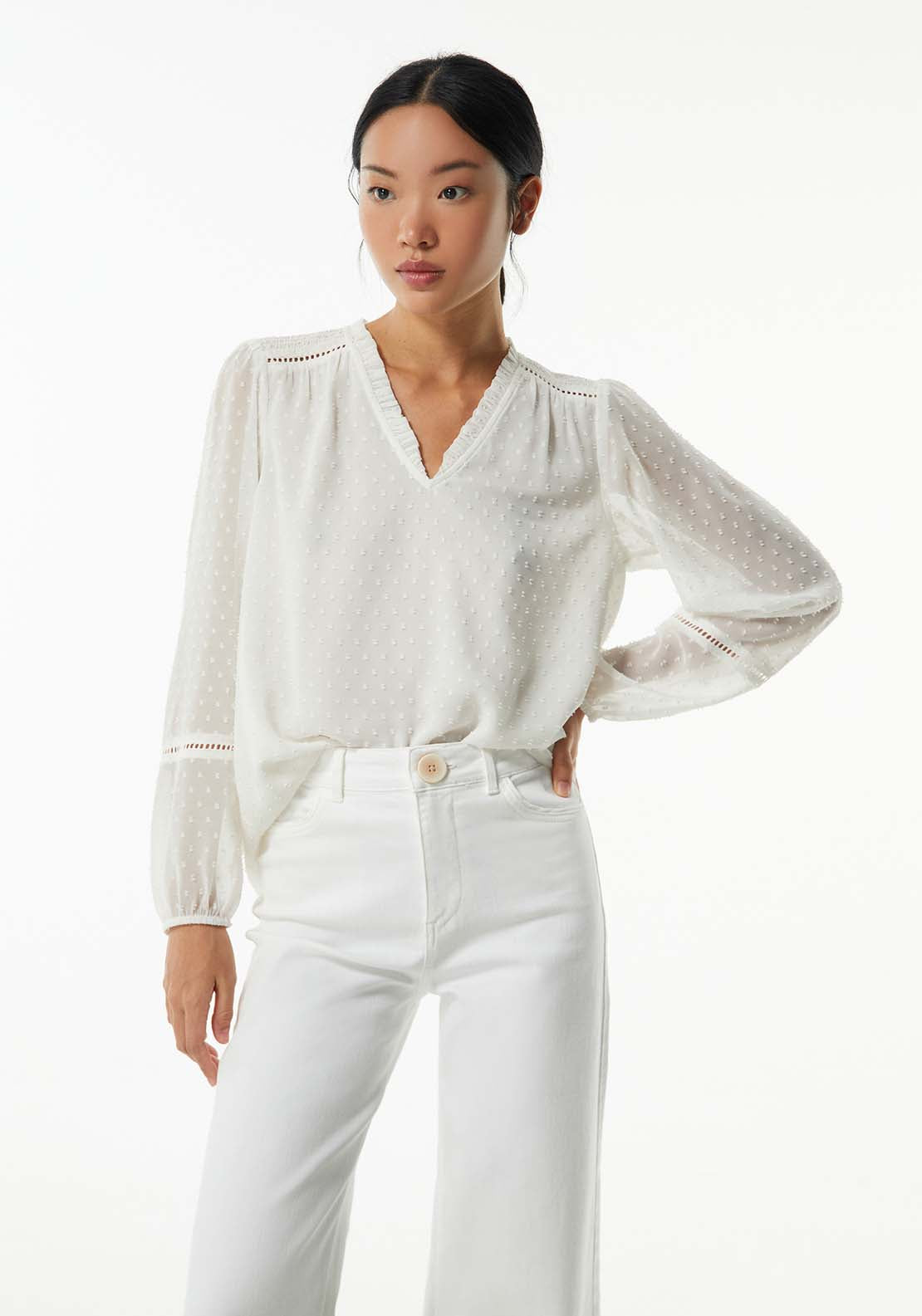 Sfera Elastic details plumetis blouse - White 1 Shaws Department Stores