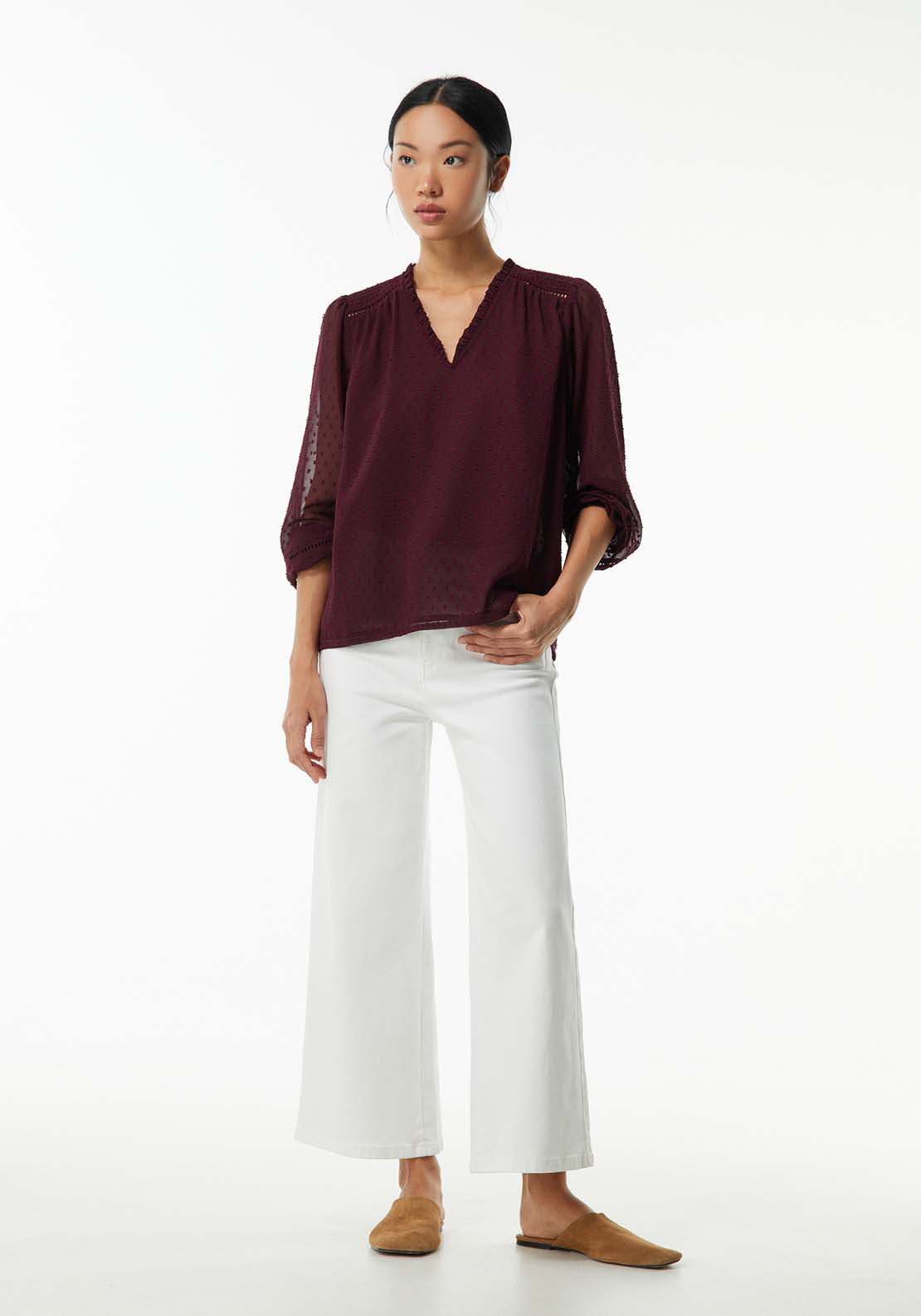 Sfera Elastic details plumetis blouse - Burgundy 2 Shaws Department Stores