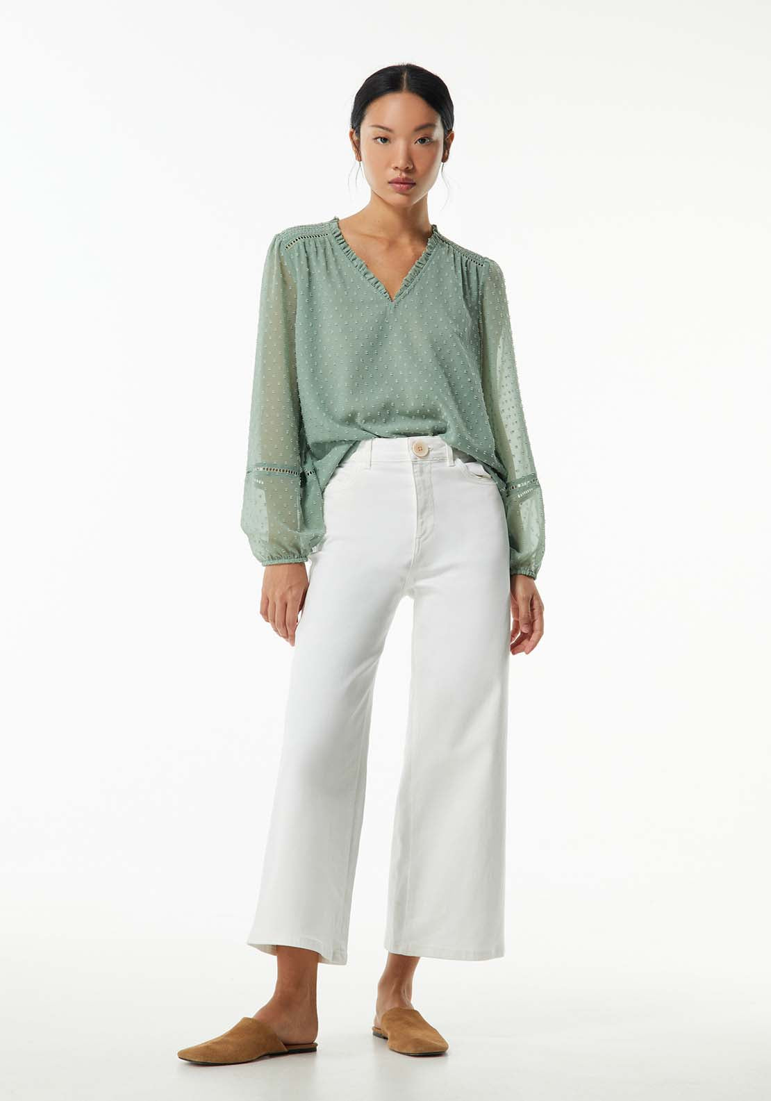 Sfera Elastic details plumetis blouse - Sage 1 Shaws Department Stores