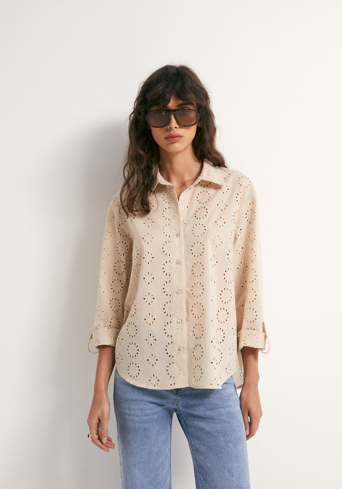 Cotton Schiffli Shirt - Beige