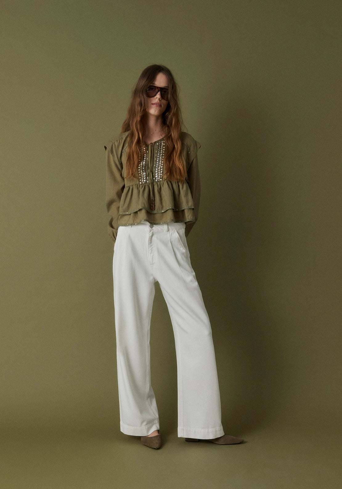 Ruffle Detail V-Neck Top - Beige