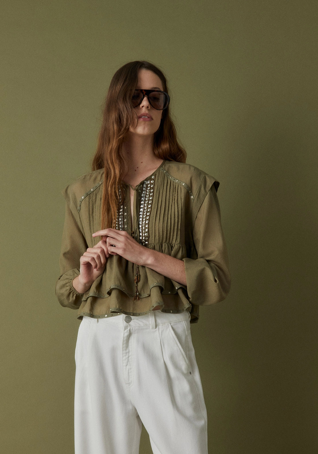 Ruffle Detail V-Neck Top - Beige