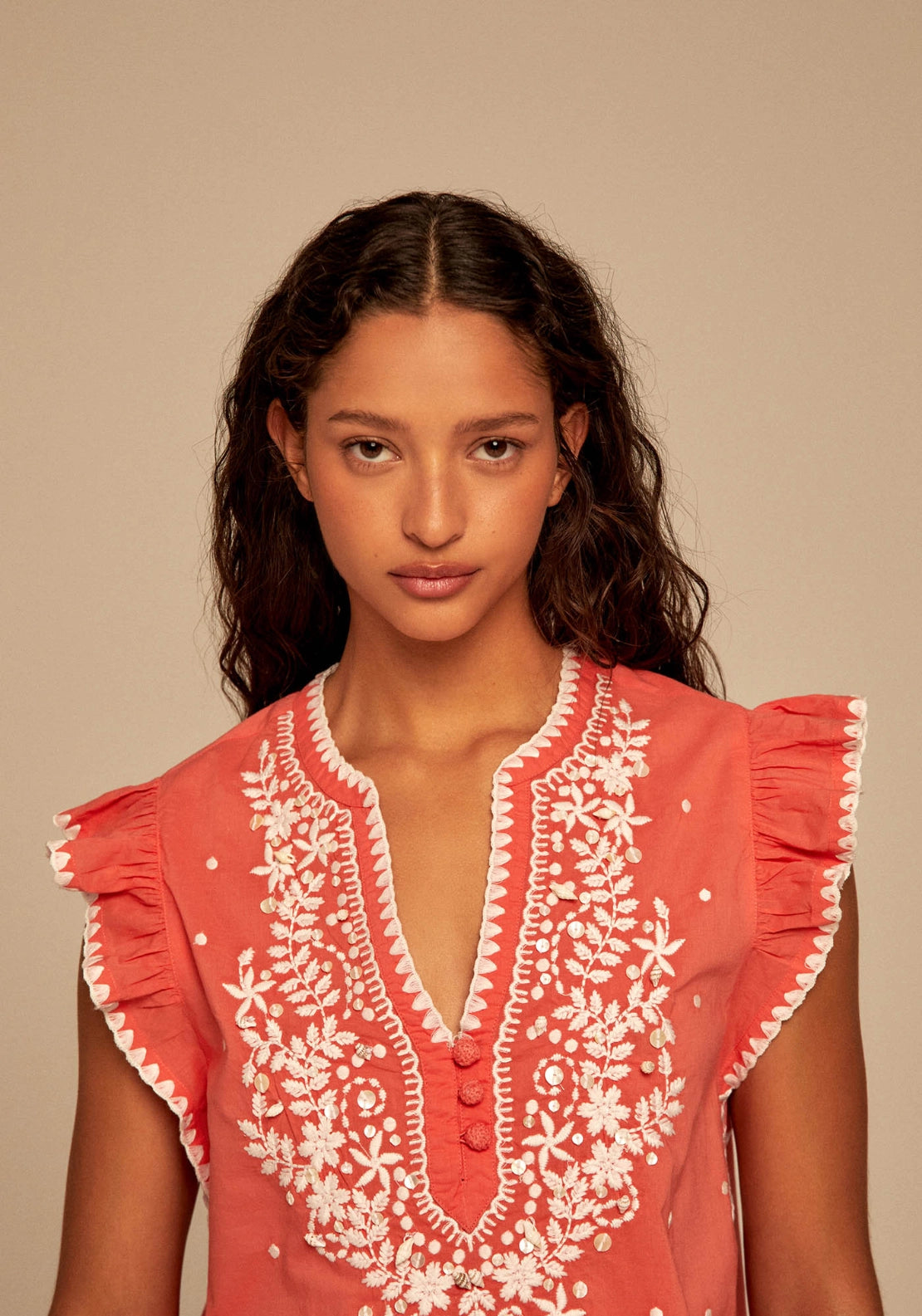 Beaded Contrast Embroidery Blouse - Red