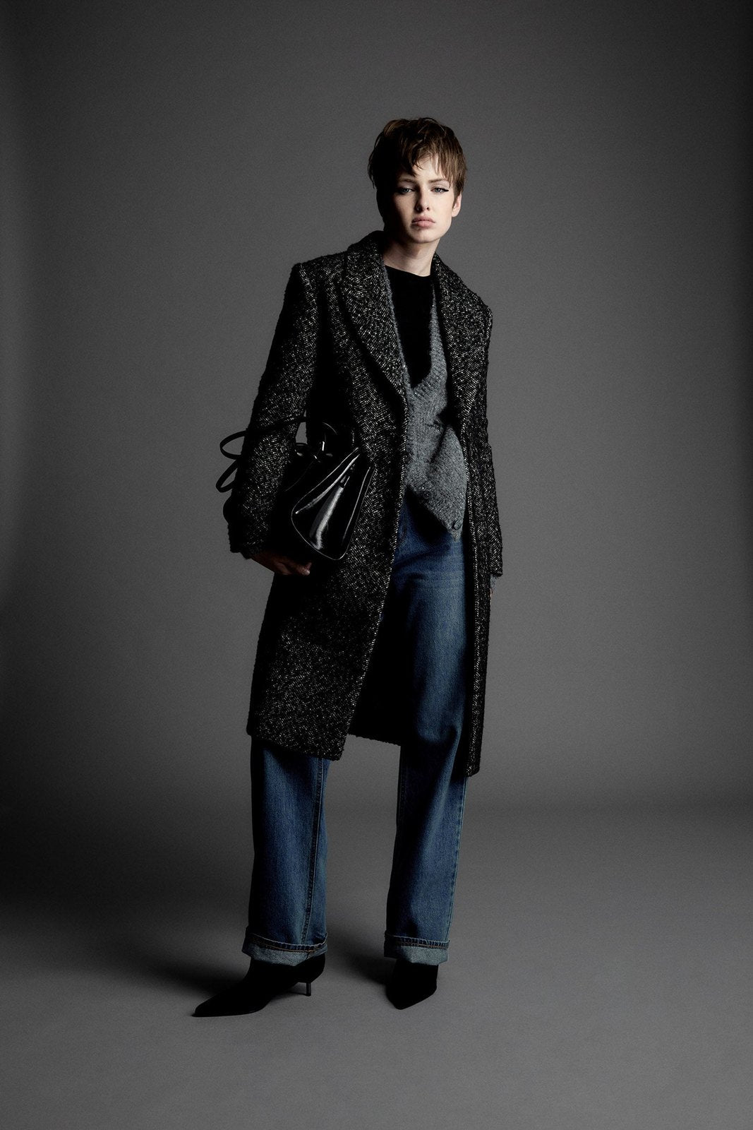 Long Herringbone Coat - Grey