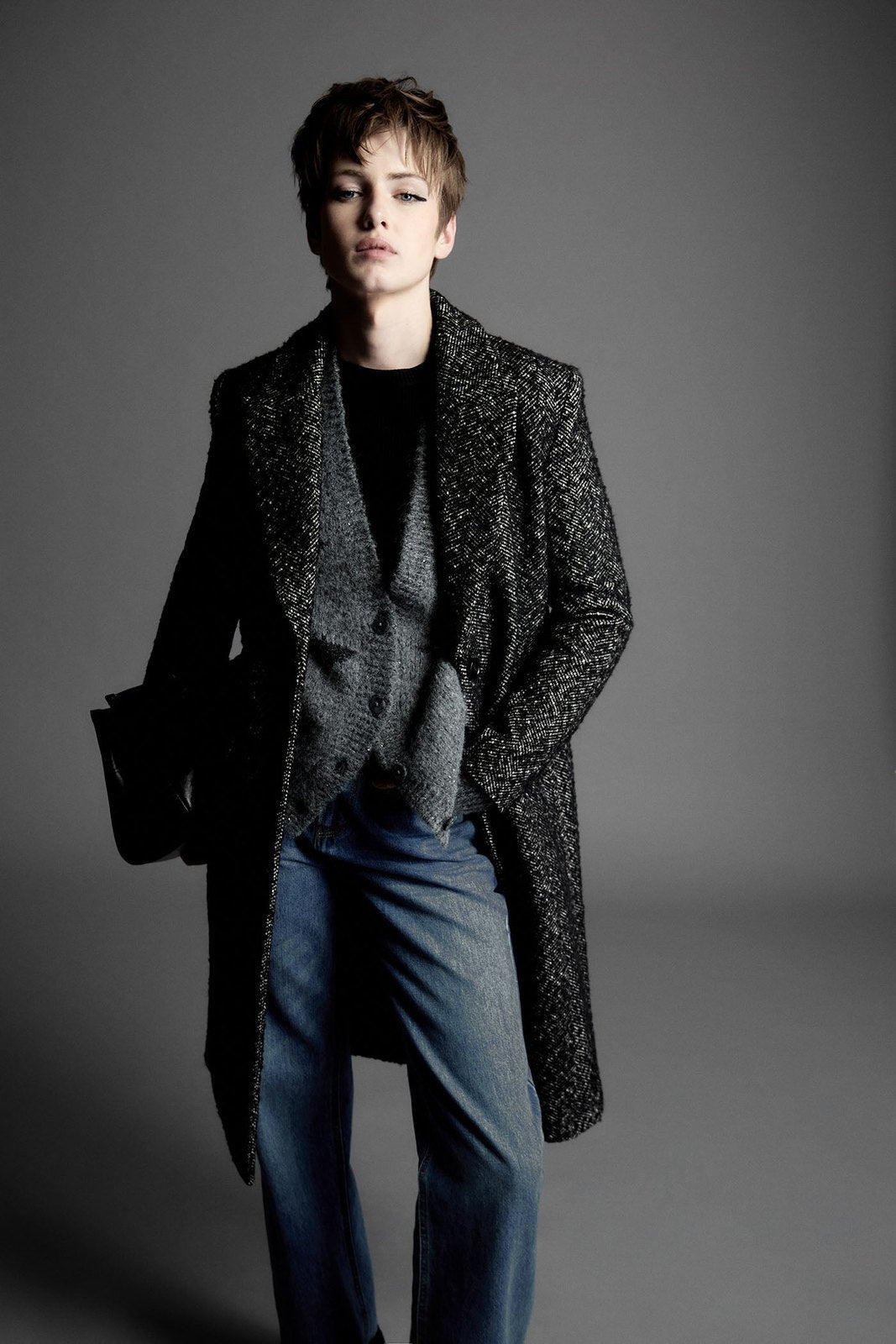 Long Herringbone Coat - Grey