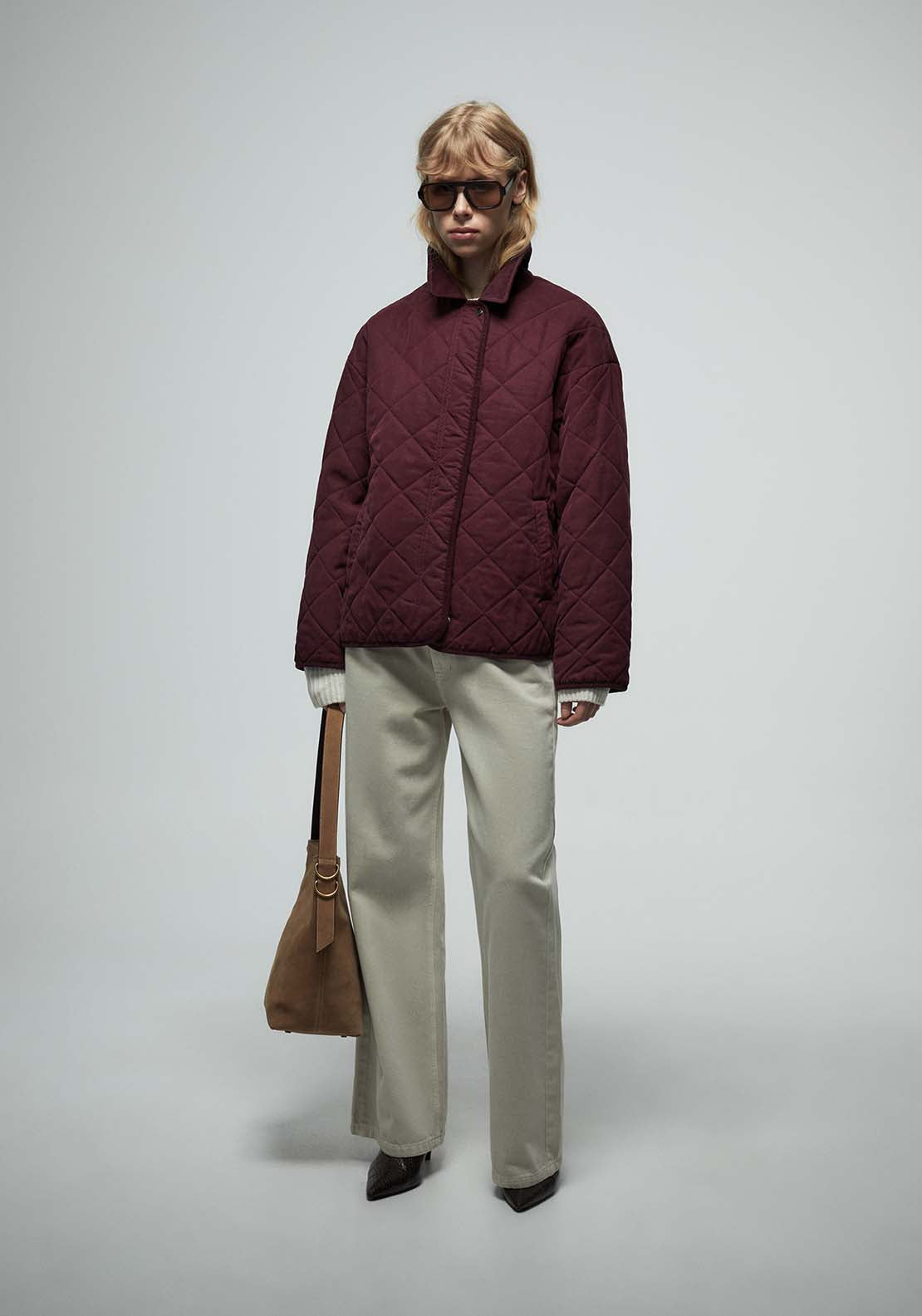 Corduroy Collar Quilted Jacket - Red