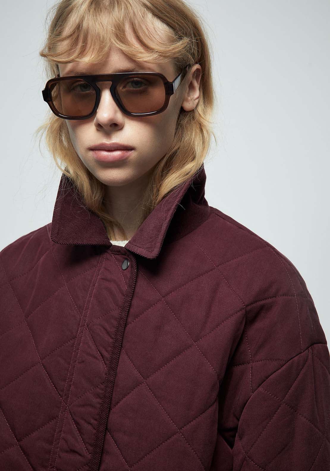 Corduroy Collar Quilted Jacket - Red