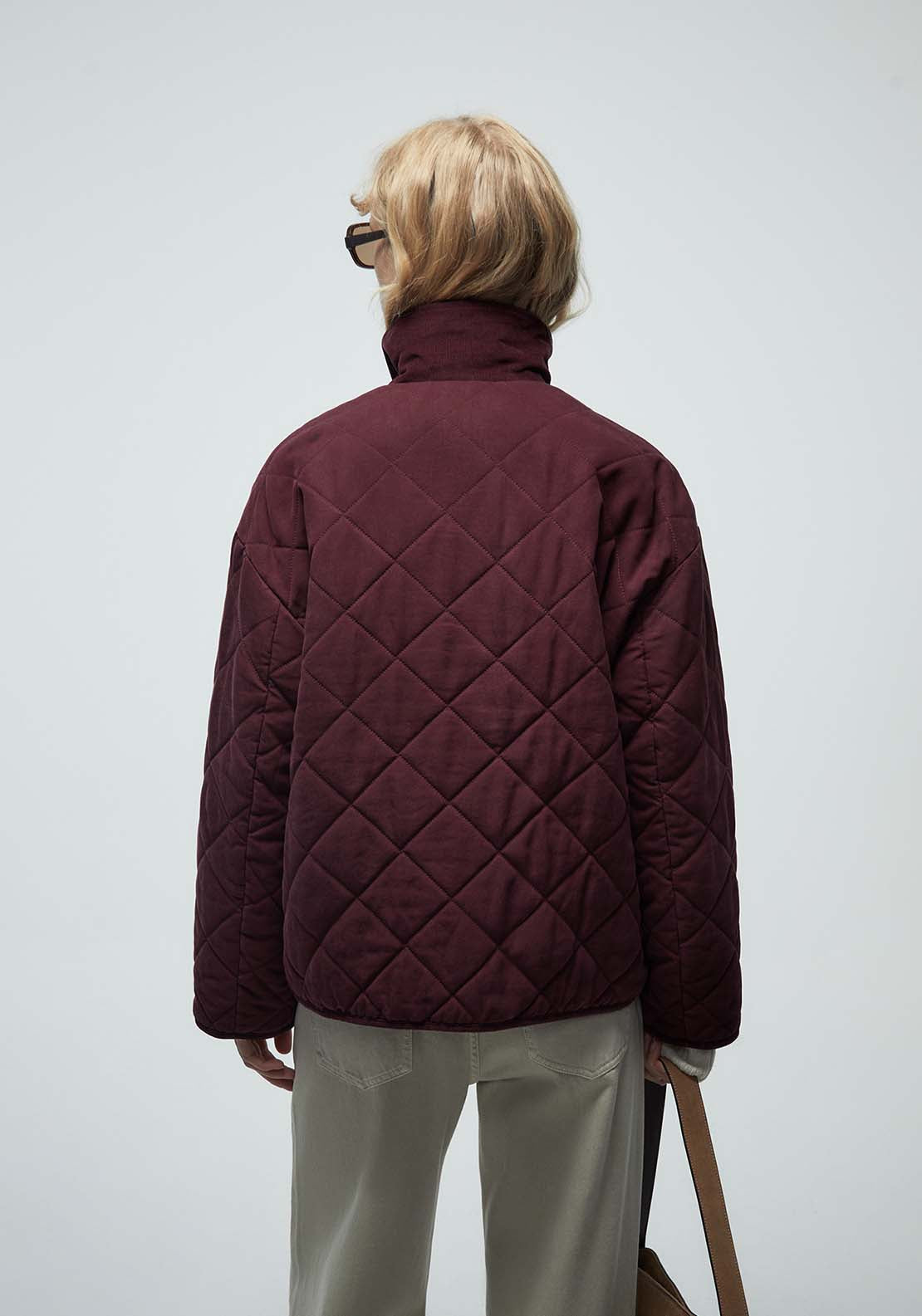Corduroy Collar Quilted Jacket - Red