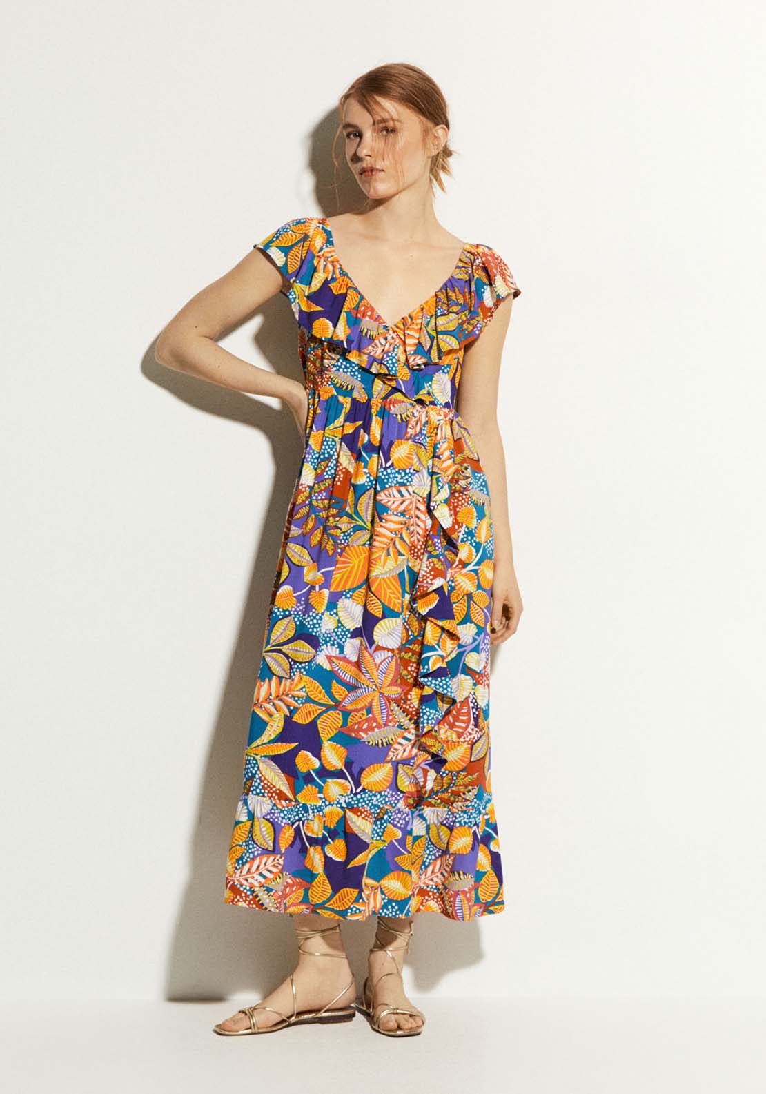 Sfera Printed Ruffle Midi Dress 1 Shaws Department Stores