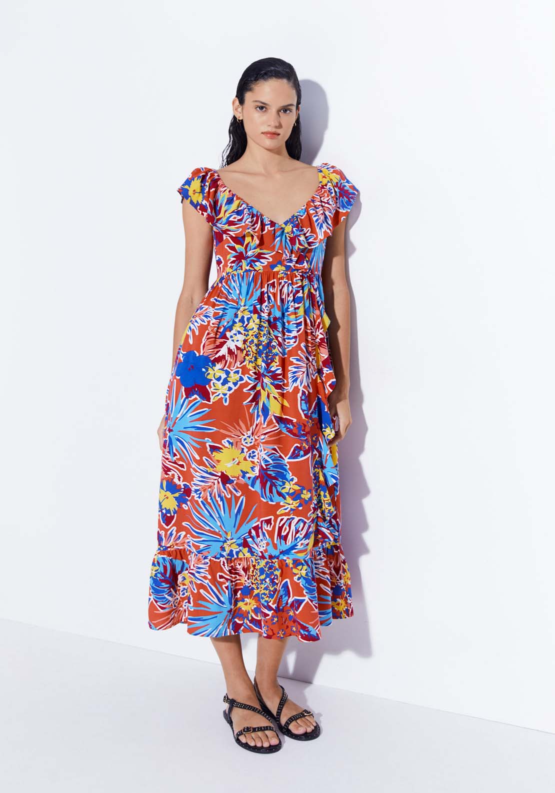 Sfera Printed Ruffle Midi Dress 1 Shaws Department Stores