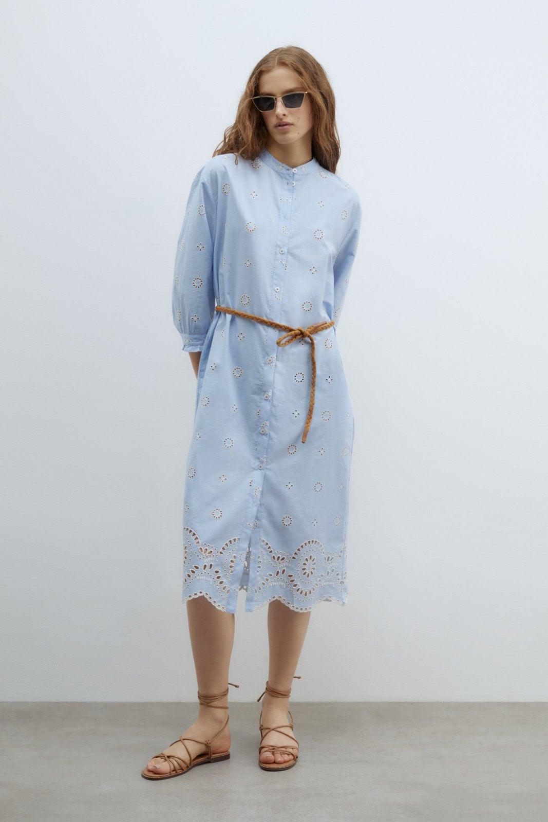 Sfera Embroidered chambray dress - Blue 6 Shaws Department Stores
