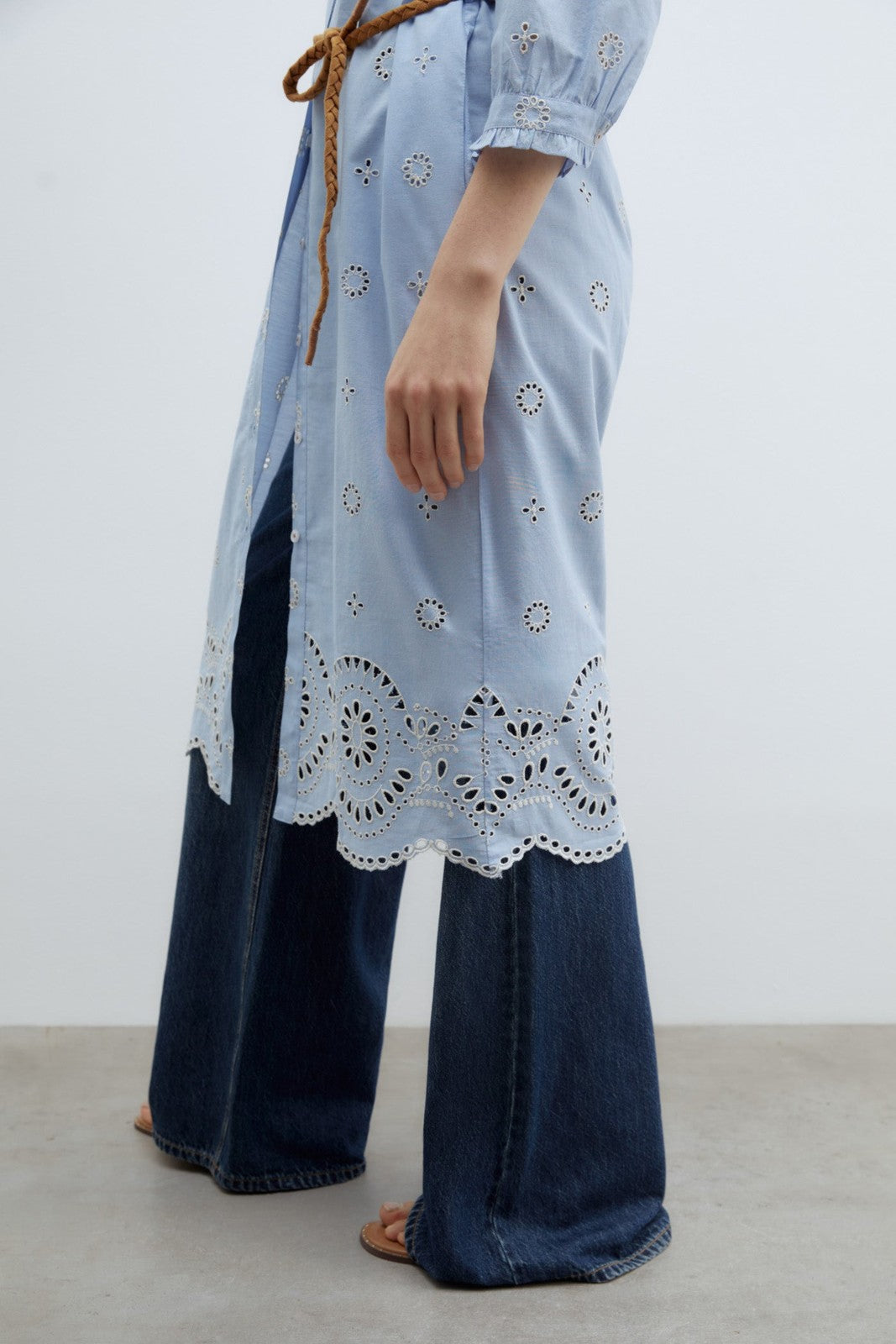 Sfera Embroidered chambray dress - Blue 7 Shaws Department Stores