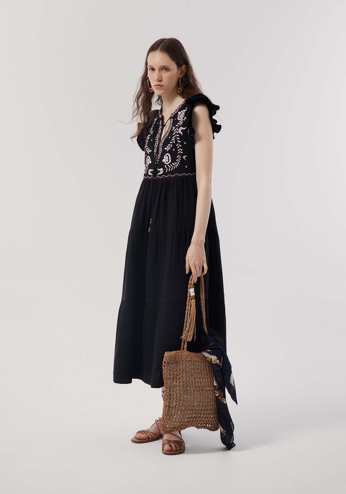Embroidered Chest Dress - Black