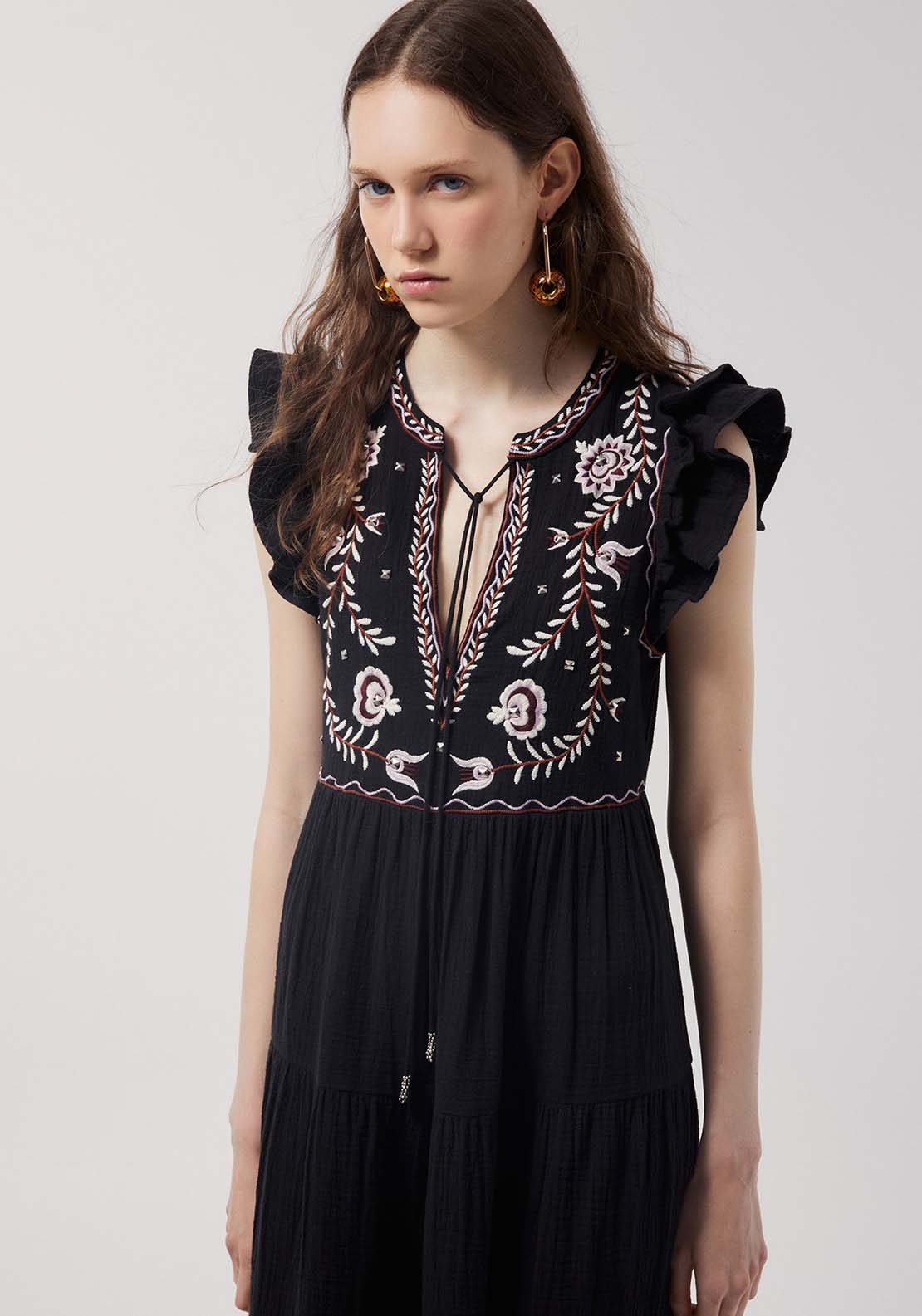 Embroidered Chest Dress - Black