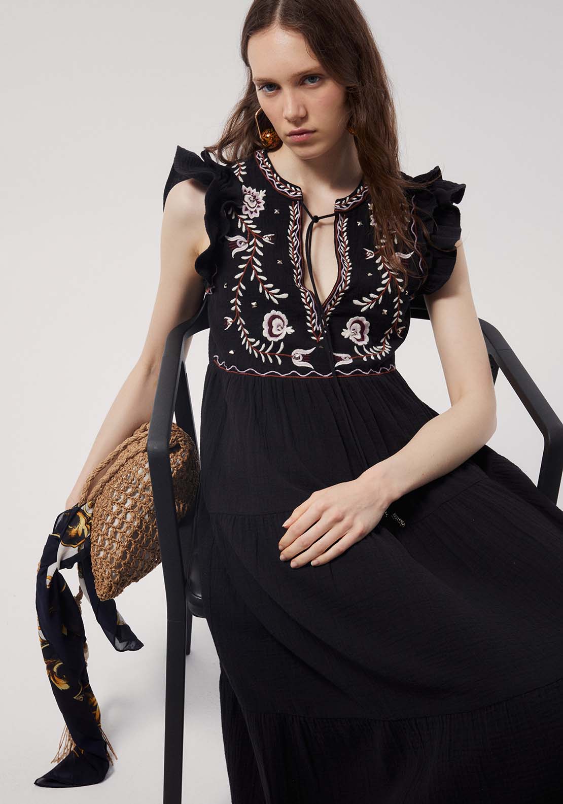 Embroidered Chest Dress - Black