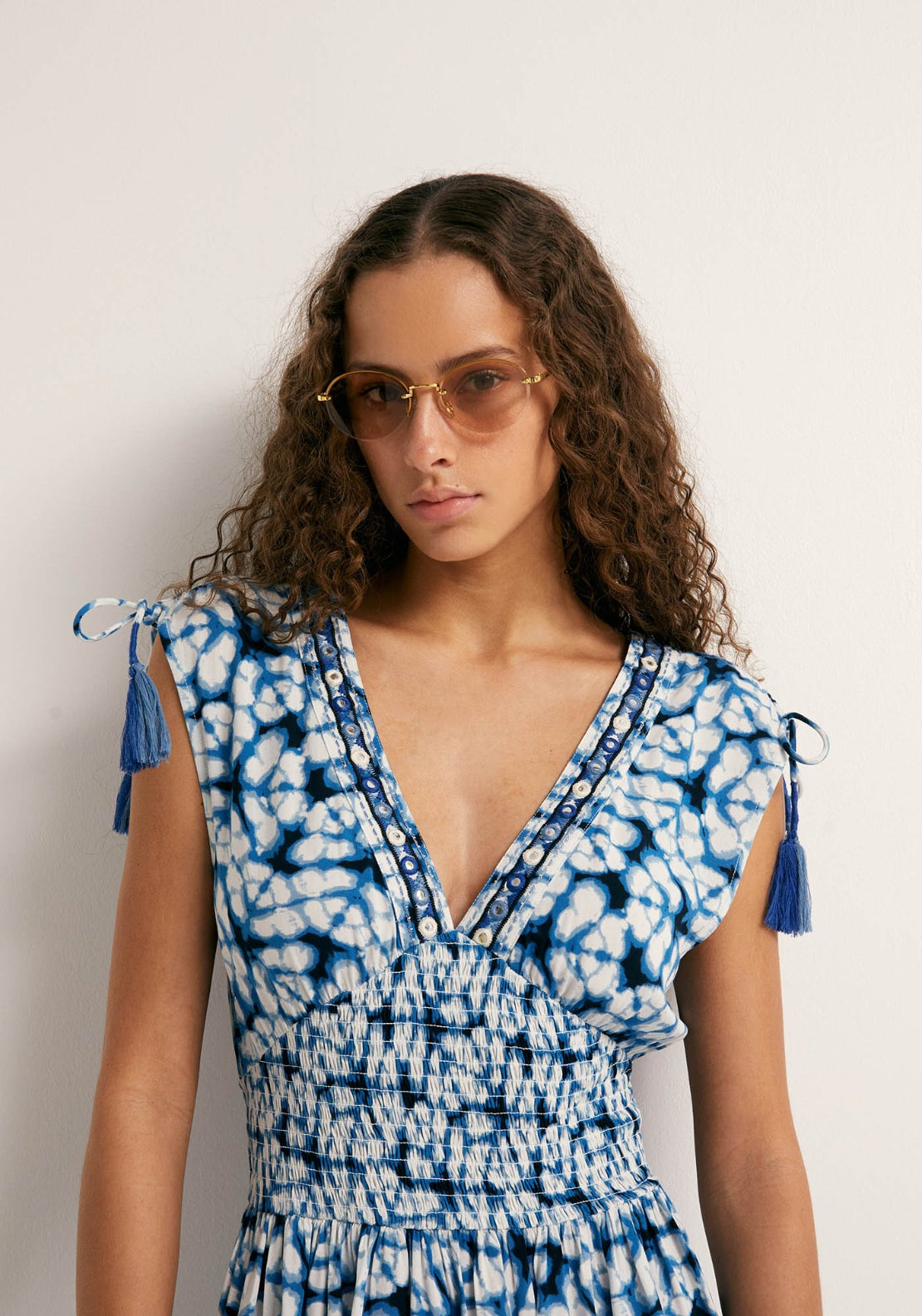 Ruffled Mirror Embroidery Dress - Blue
