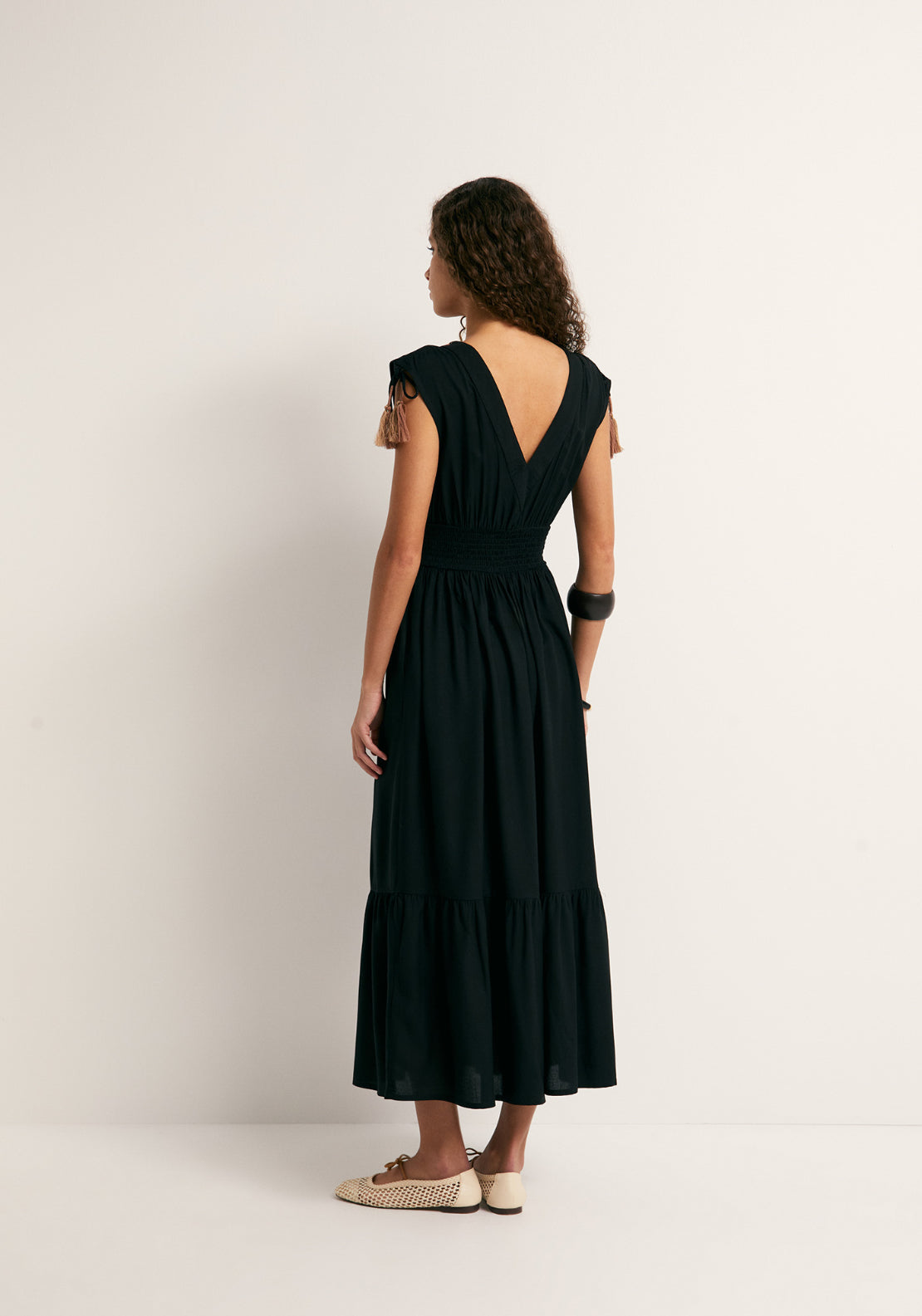 Ruffled Mirror Embroidery Dress - Black