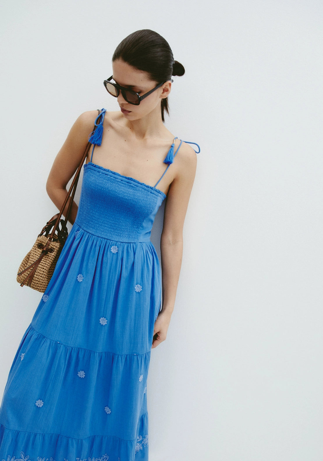 Embroidered Shirred Dress - Blue