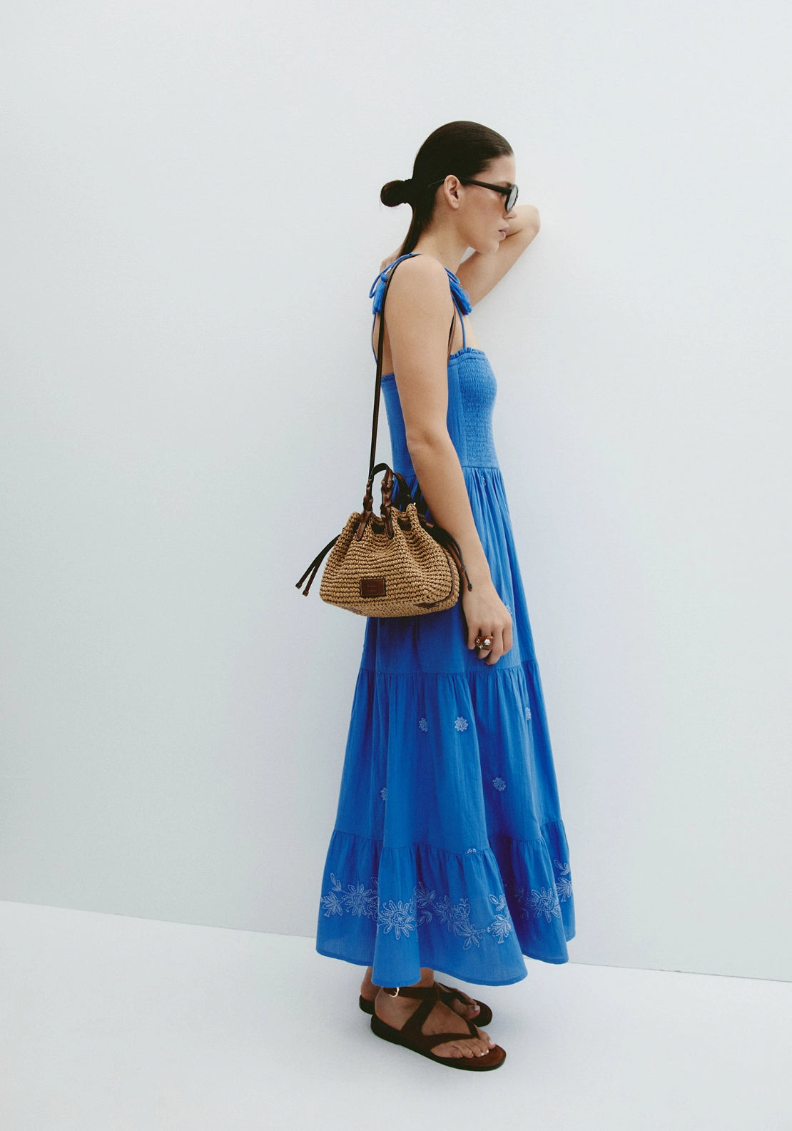 Embroidered Shirred Dress - Blue