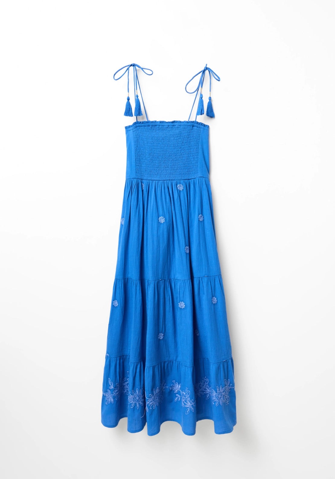 Embroidered Shirred Dress - Blue