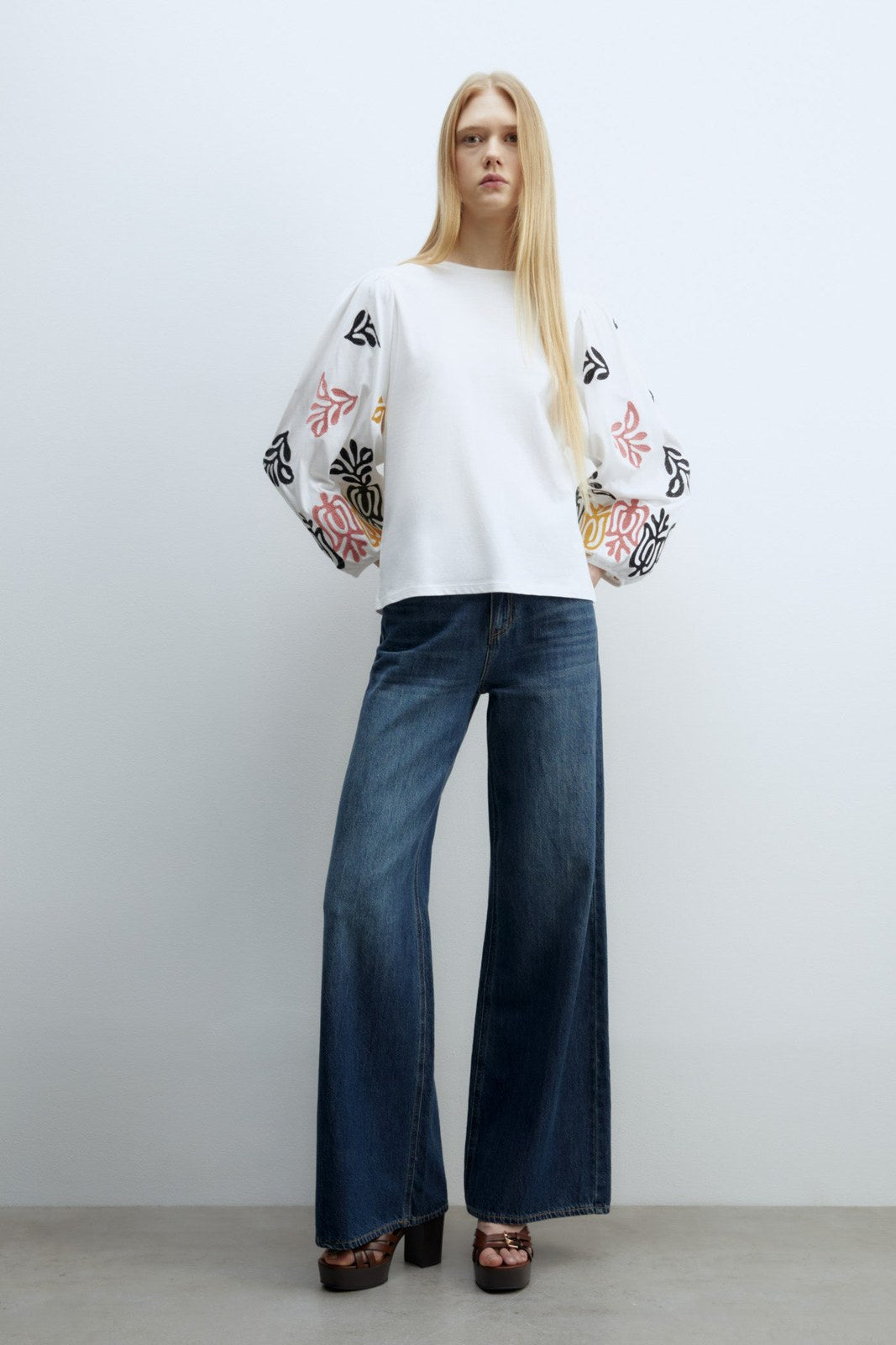 Sfera Embroidered Sleeve Blouse - White 1 Shaws Department Stores